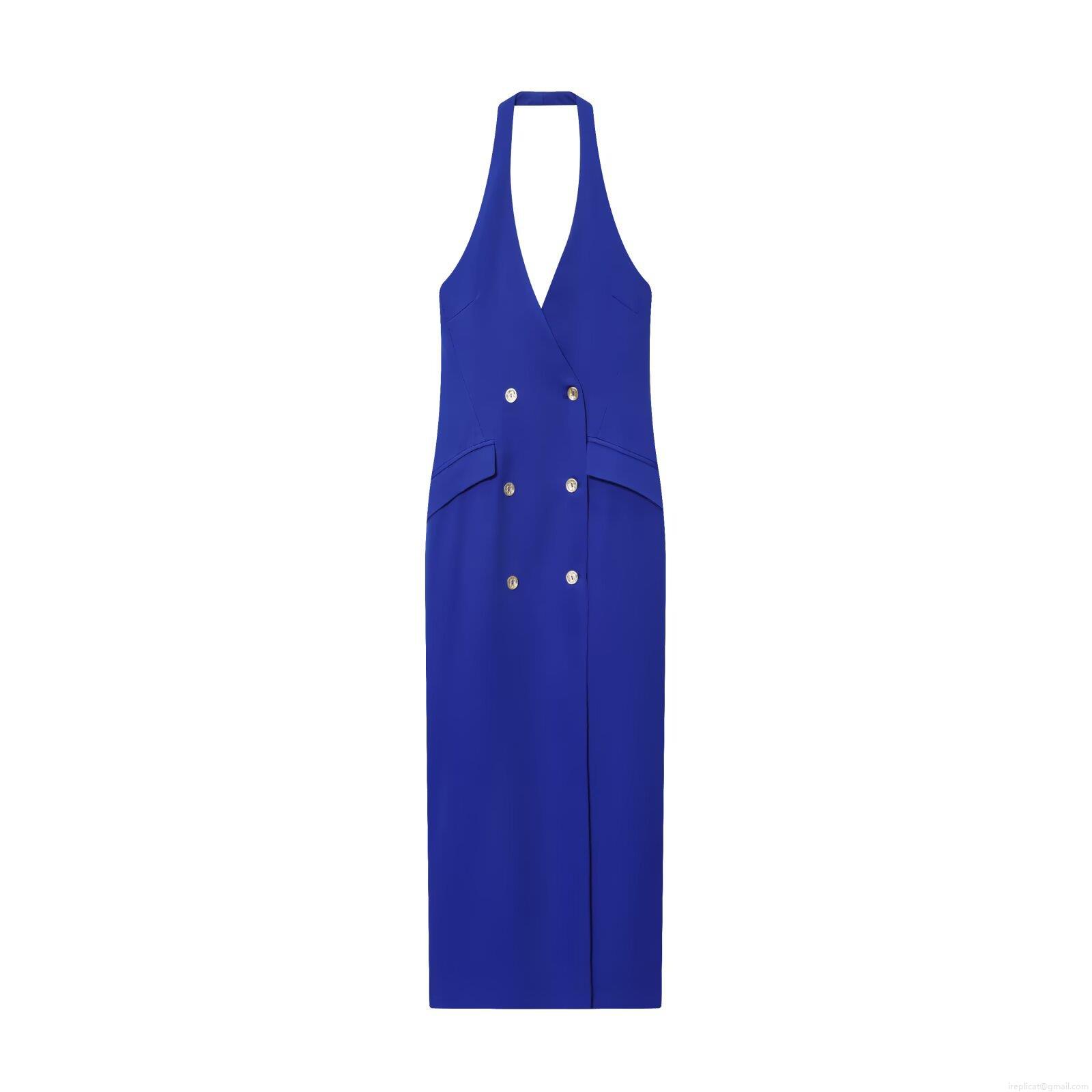 Women Sexy Backless Halter Neck Midi Dress Elegant Double Breasted Cross Design Suit Style Sleeveless High Waist A-Line Party Bodycon Dress Blue Ladies Evening Vestido Women Sexy Backless Halter Neck Midi Dress Elegant Double Breasted Cross Design Suit Style Sleeveless High Waist A-Line Party Bodycon Dress Blue Ladies Evening Vestido