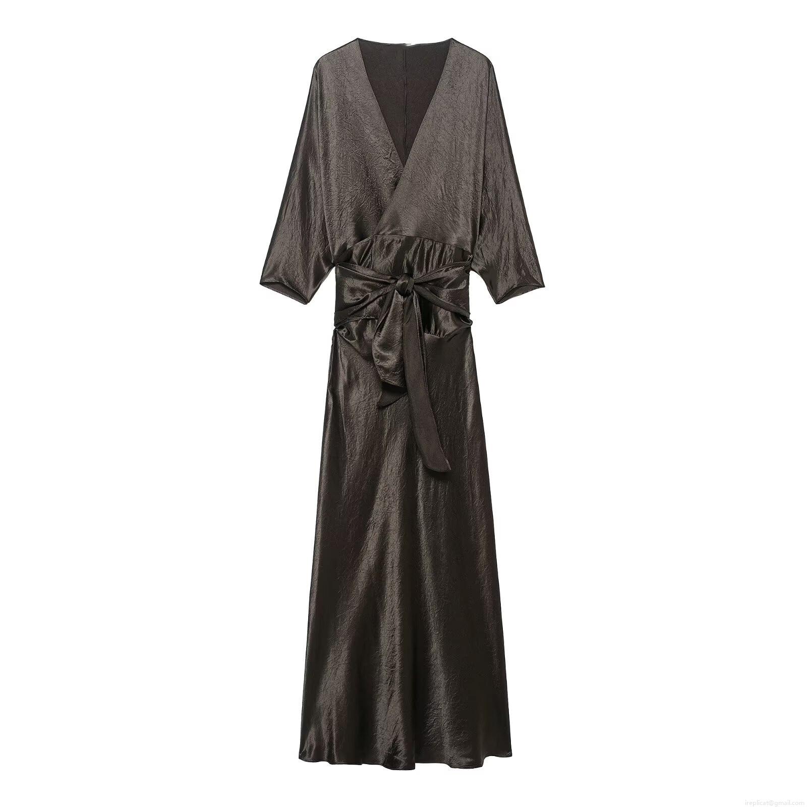 Elegant Satin V-Neck Midi Dress With Waist Tie Long Sleeve A-Line Solid Color Bronze Coffee Party Evening Dress For Women Elegant Satin V-Neck Midi Dress With Waist Tie Long Sleeve A-Line Solid Color Bronze Coffee Party Evening Dress For Women