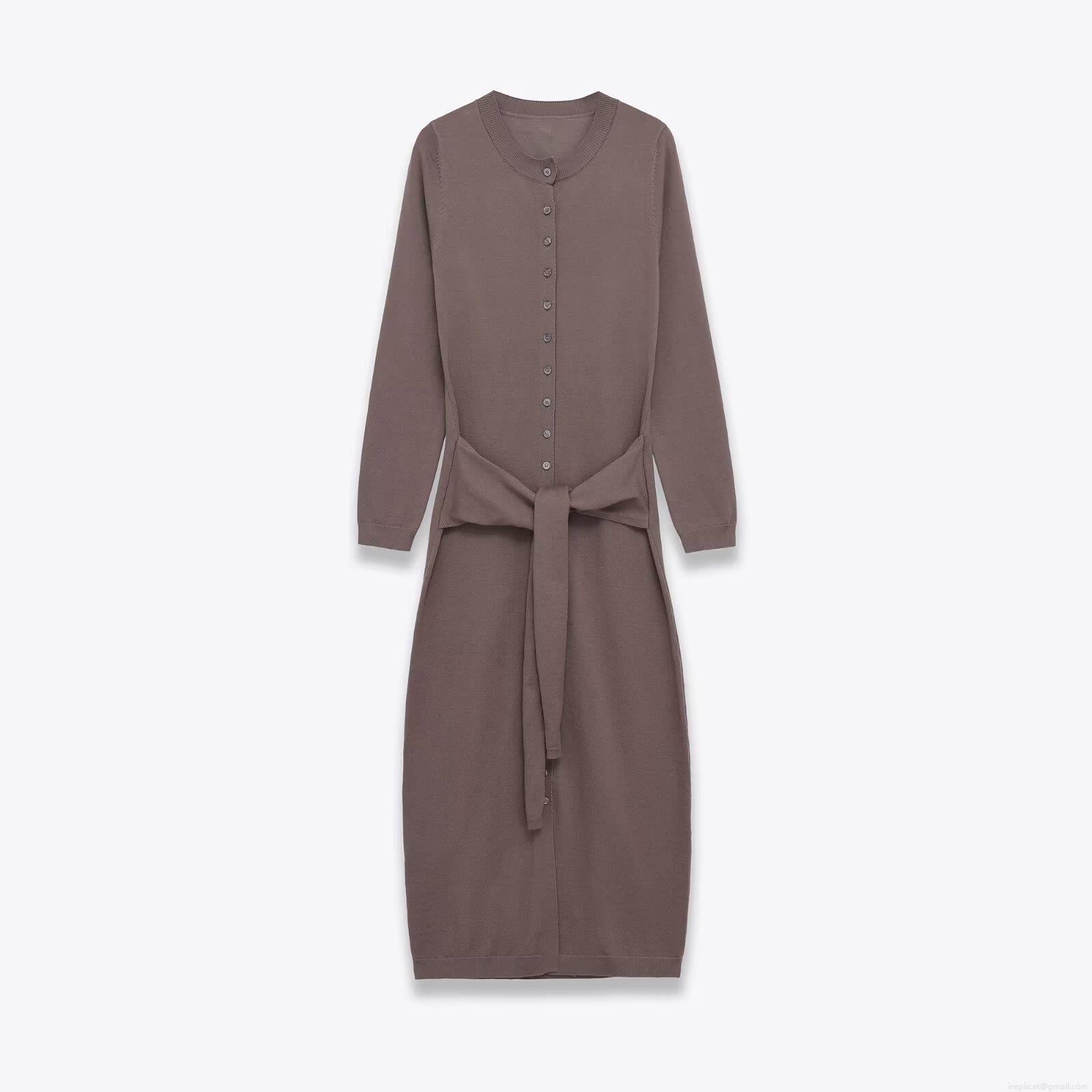 Long Sleeve Knit Midi Dress With Belt Button Round Neck Slim Fit Warm Elegant Ribbed Knitted Sweater Dress For Women Winter Fall Casual Work Wear
