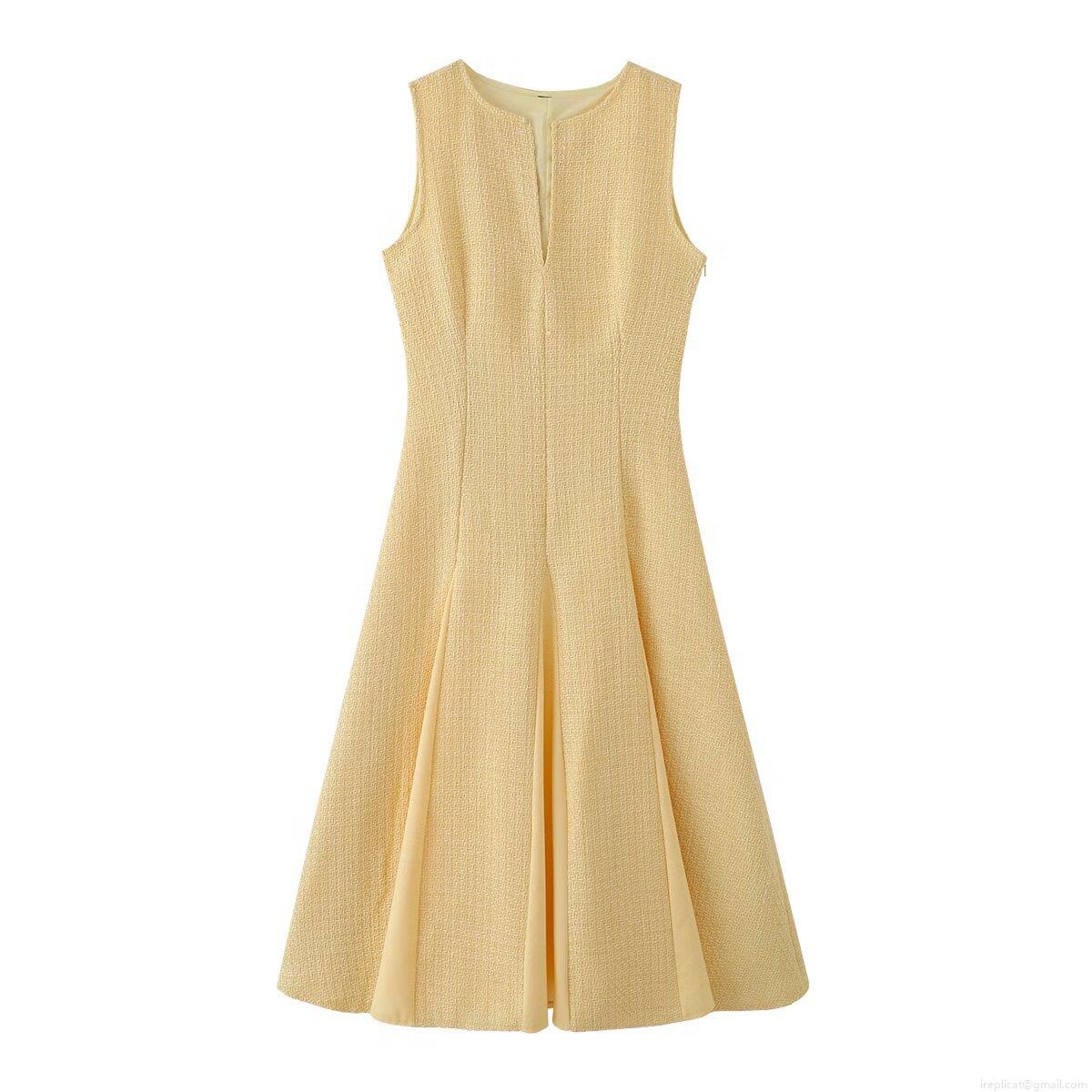 Women Elegant V-Neck Sleeveless Tweed Patchwork Midi Dress Slim Fit A-Line Large Hem Pleated Commuter Party Dress Winter Fashion Yellow Women Elegant V-Neck Sleeveless Tweed Patchwork Midi Dress Slim Fit A-Line Large Hem Pleated Commuter Party Dress Winter Fashion Yellow