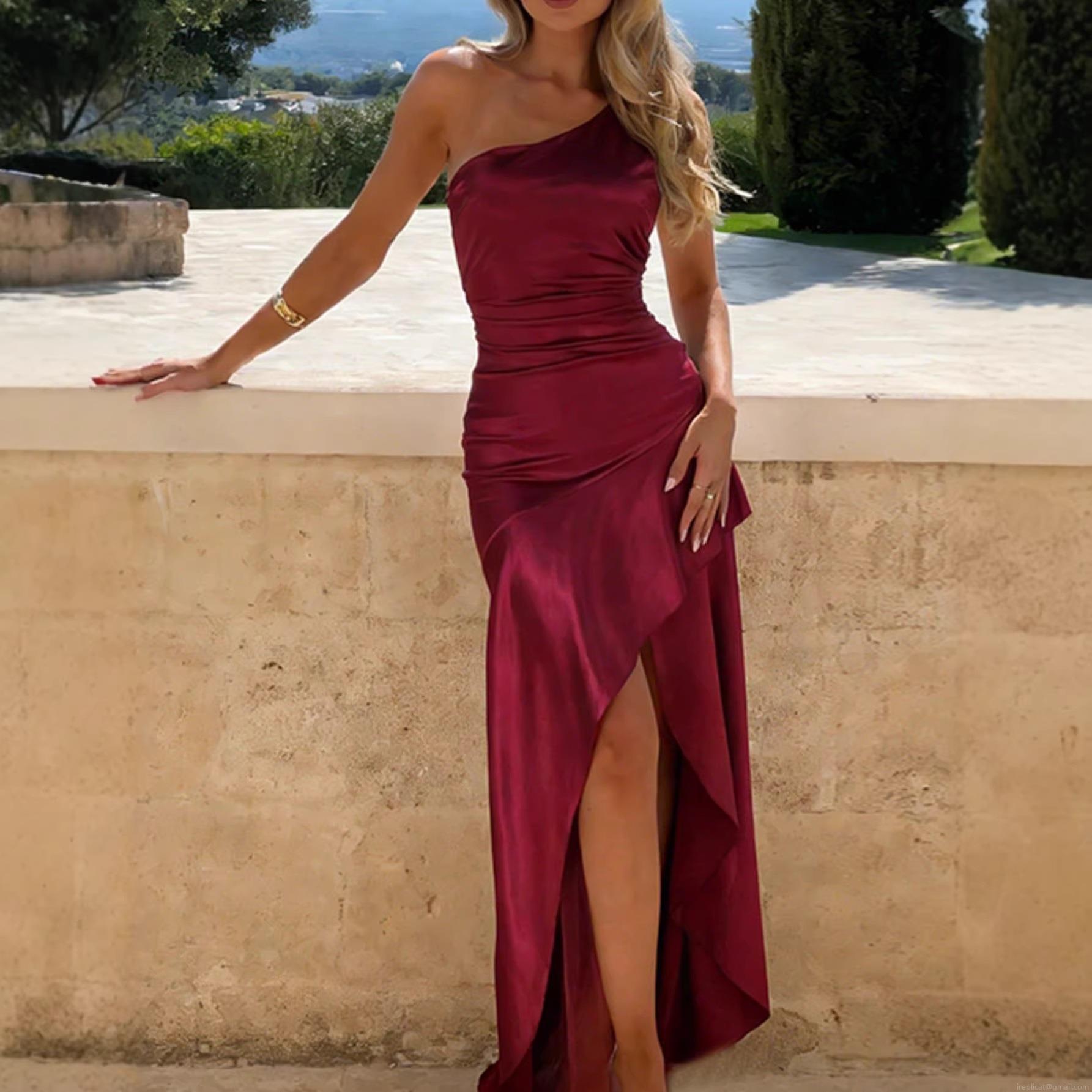 Satin One Shoulder Dress Women Sexy Ruched High Slit Bodycon Midi Evening Party Gown Summer Beach Vacation Elegant Cocktail Dress Satin One Shoulder Dress Women Sexy Ruched High Slit Bodycon Midi Evening Party Gown Summer Beach Vacation Elegant Cocktail Dress