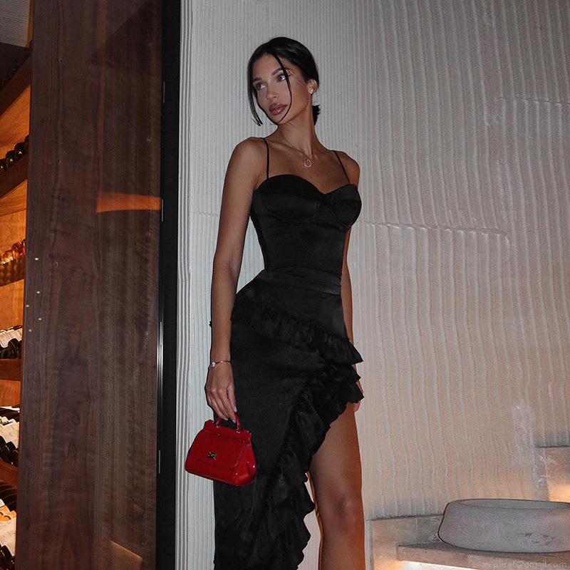 Women's Sexy Satin Bodycon Midi Dress Ruffle Hem Side Slit Spaghetti Strap Elegant Party Evening Celebrity Style Clubwear Dress Women's Sexy Satin Bodycon Midi Dress Ruffle Hem Side Slit Spaghetti Strap Elegant Party Evening Celebrity Style Clubwear Dress