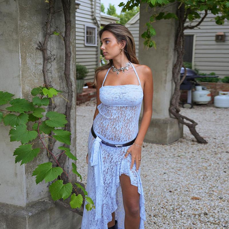 Women Sexy Light Blue Floral Lace Halter Dress Backless See-through High Slit Midi Party Vacation Dress Made Of Nylon And Spandex Women Sexy Light Blue Floral Lace Halter Dress Backless See-through High Slit Midi Party Vacation Dress Made Of Nylon And Spandex