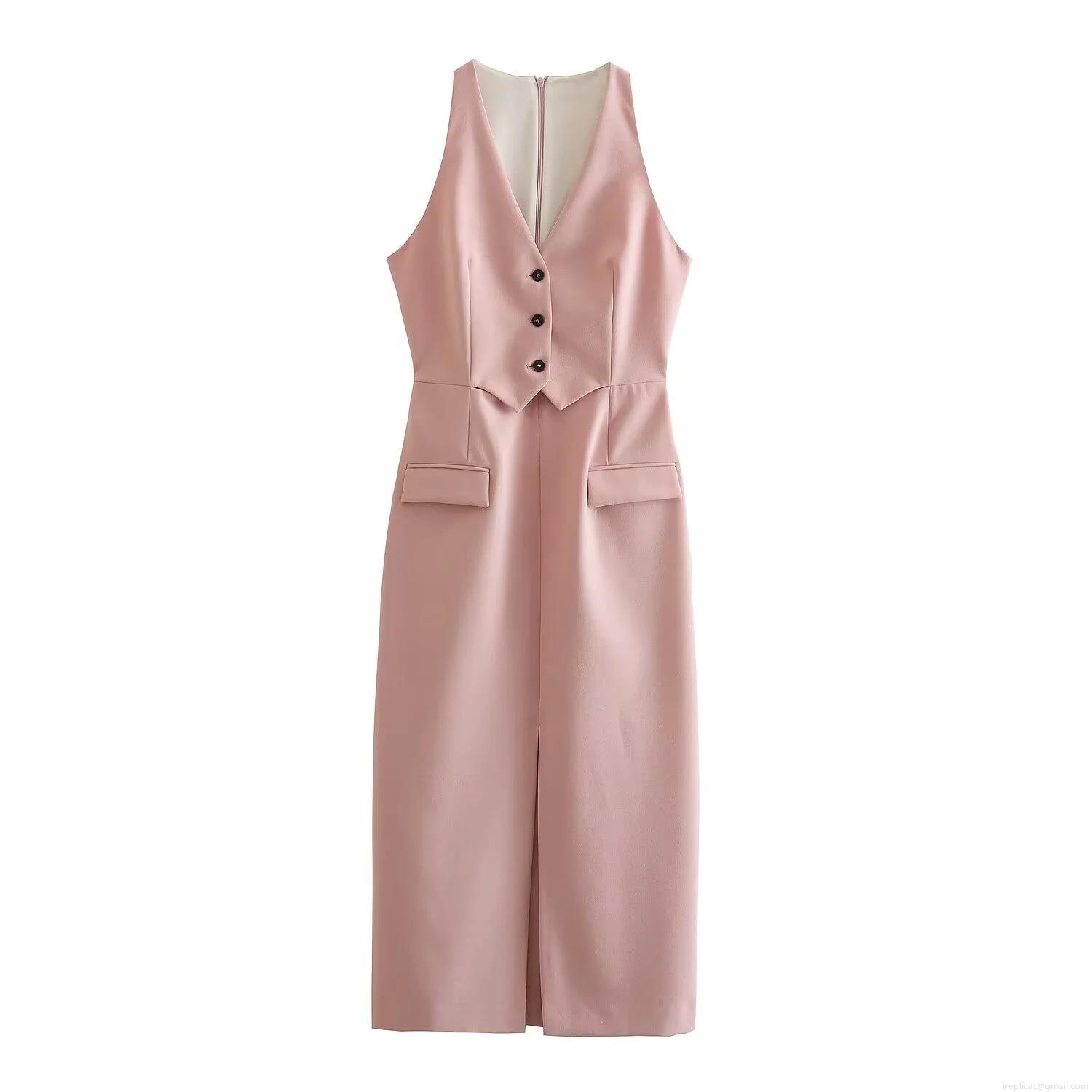 Women Elegant Pink Sleeveless Suit Collar Midi Dress Slim Fit Woven Polyester Vest Dress For Party Office Daily Lady Fashion Women Elegant Pink Sleeveless Suit Collar Midi Dress Slim Fit Woven Polyester Vest Dress For Party Office Daily Lady Fashion