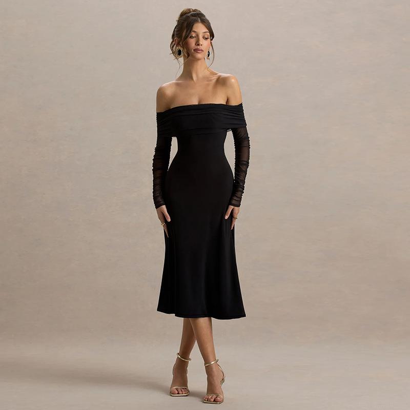 Women Off-Shoulder Long Sleeve Mesh Patchwork Midi Dress Backless Ruched Sheer Sleeve Bodycon Sexy Party Evening Club Dress Polyester Spandex Outfit Women Off-Shoulder Long Sleeve Mesh Patchwork Midi Dress Backless Ruched Sheer Sleeve Bodycon Sexy Party Evening Club Dress Polyester Spandex Outfit