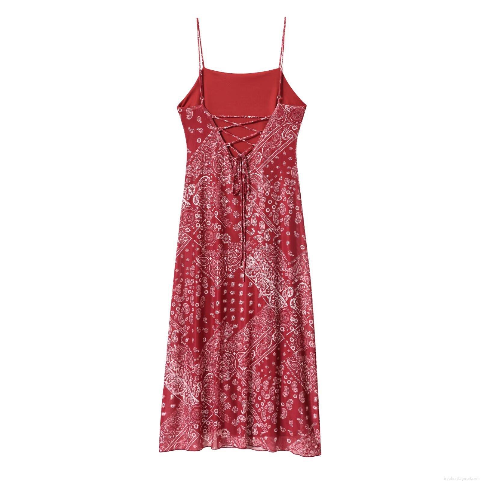 Women\'s Paisley Print Cami Dress Sexy Backless Lace Up Maxi Dress High Slit Summer Casual Vacation Boho Sleeveless Polyester Long Sundress