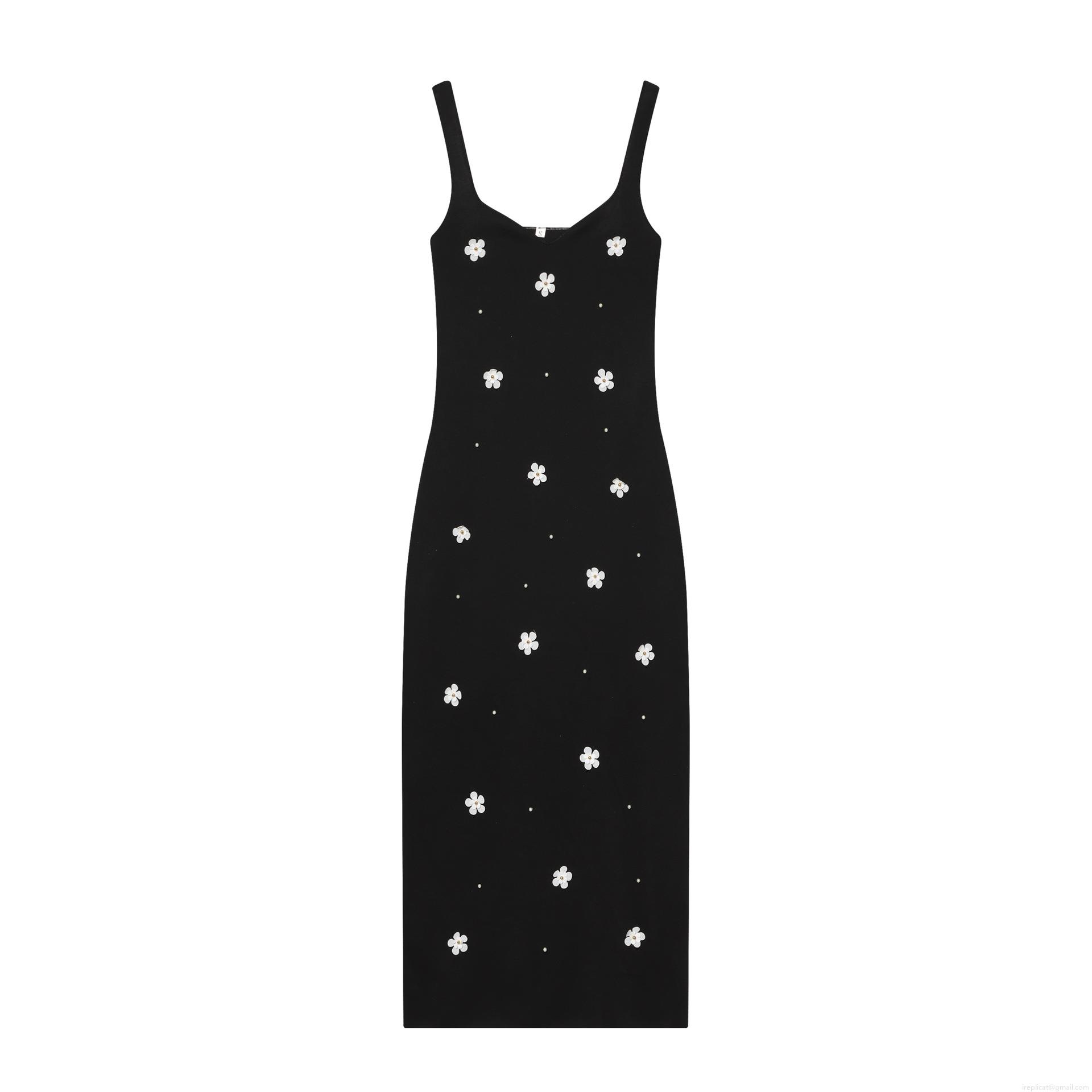 Women's Sexy Slim Fit Black Camisole Midi Dress With Daisy Embroidery And Pearl Detail Elegant Elastic Ribbed Knitted Party Evening Dress Women's Sexy Slim Fit Black Camisole Midi Dress With Daisy Embroidery And Pearl Detail Elegant Elastic Ribbed Knitted Party Evening Dress