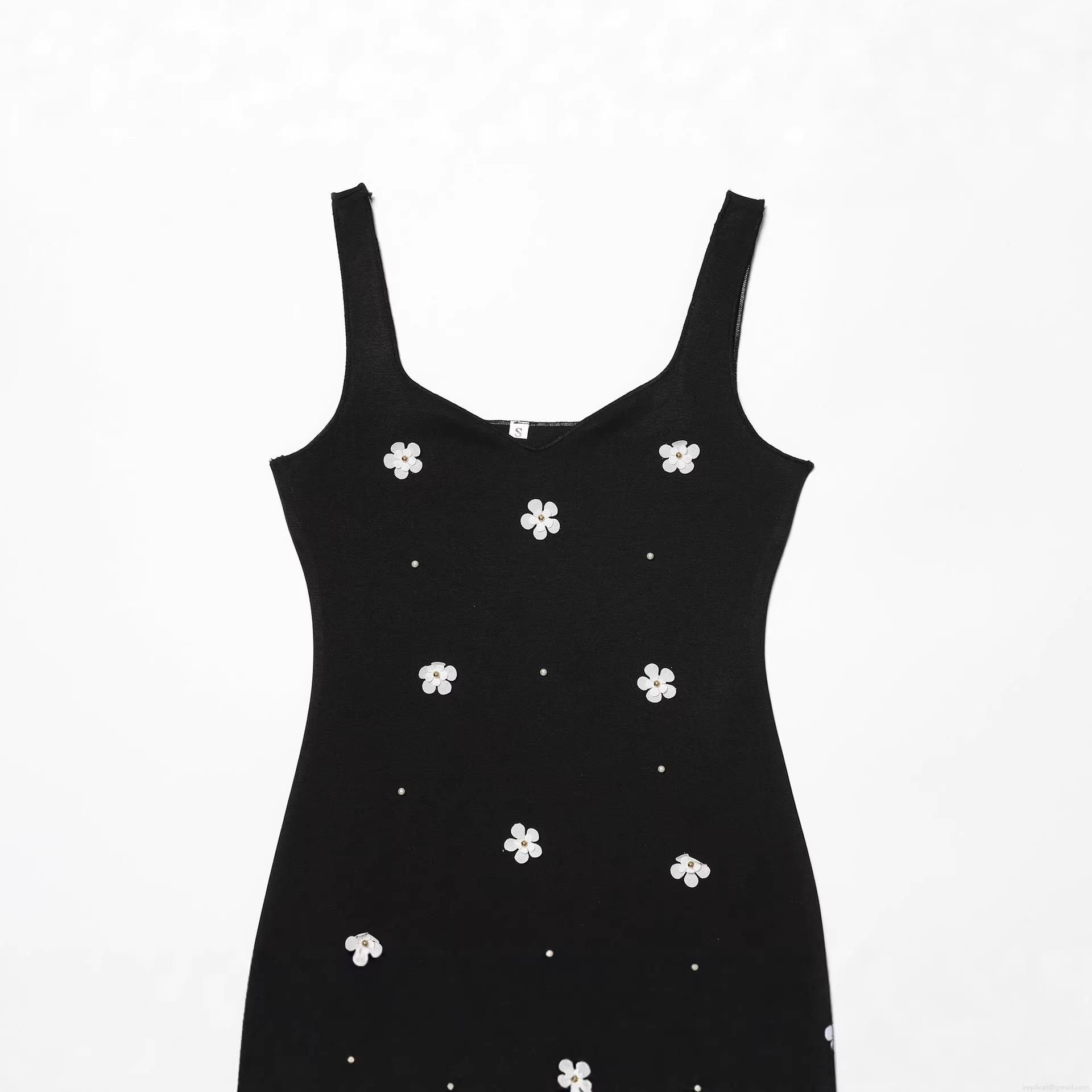 Women\'s Sexy Slim Fit Black Camisole Midi Dress With Daisy Embroidery And Pearl Detail Elegant Elastic Ribbed Knitted Party Evening Dress