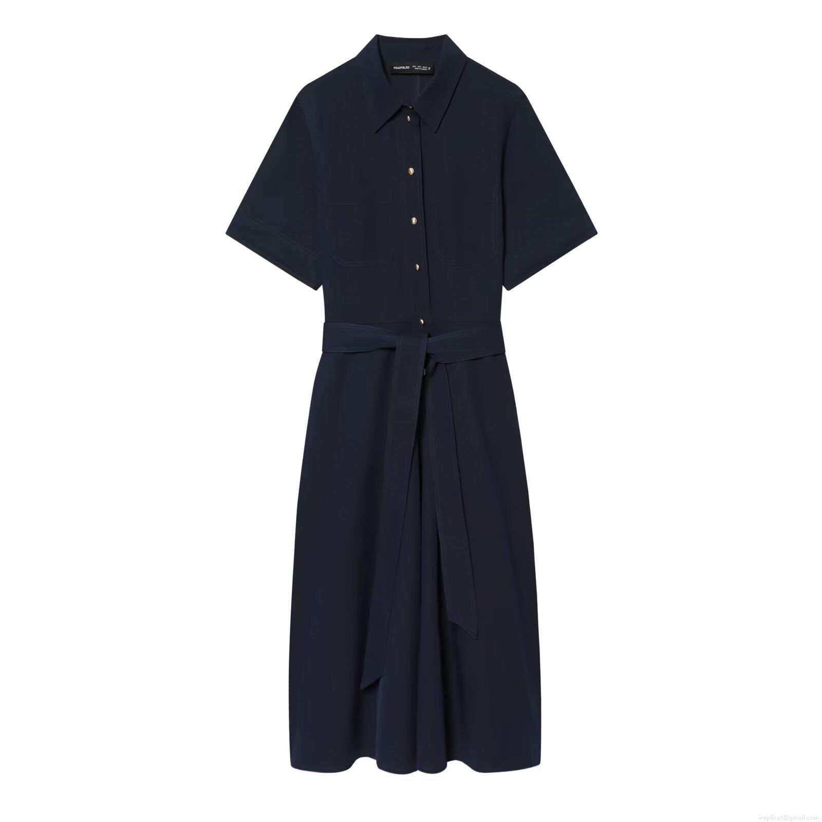 Women Elegant Deep Blue Short Sleeve Shirt Dress With Belt Gold Button Polyester Midi Dress For Office Daily Casual Wear Lady Long Dresses Women Elegant Deep Blue Short Sleeve Shirt Dress With Belt Gold Button Polyester Midi Dress For Office Daily Casual Wear Lady Long Dresses