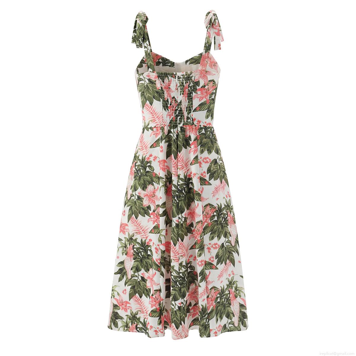 French Floral Sexy Strappy Bow Knot Big Swing Dress 100% Polyester Sweetheart Neck Sleeveless Back Smocking Midi Dress Women Vacation Beach Party Summer Wear