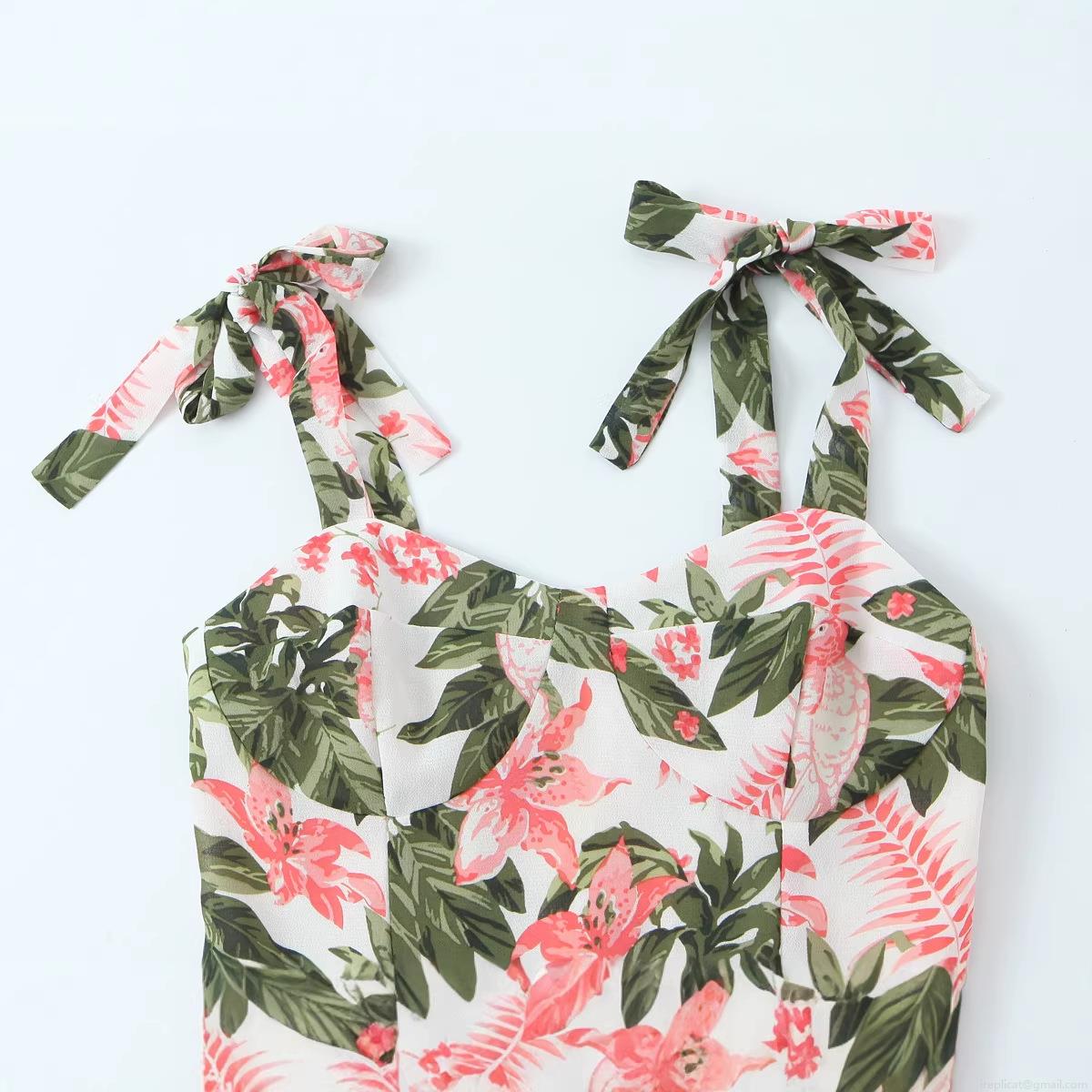 French Floral Sexy Strappy Bow Knot Big Swing Dress 100% Polyester Sweetheart Neck Sleeveless Back Smocking Midi Dress Women Vacation Beach Party Summer Wear