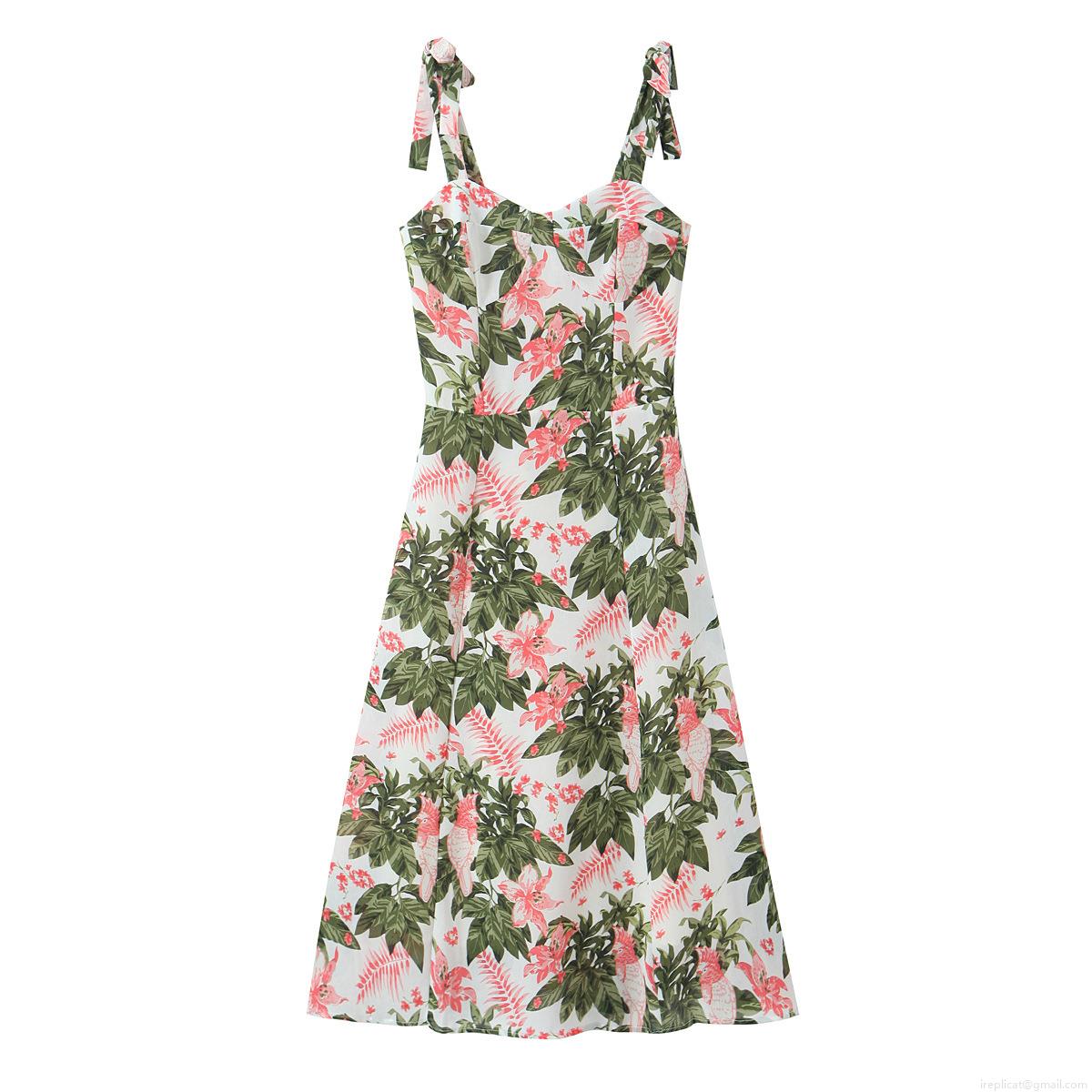 French Floral Sexy Strappy Bow Knot Big Swing Dress 100% Polyester Sweetheart Neck Sleeveless Back Smocking Midi Dress Women Vacation Beach Party Summer Wear