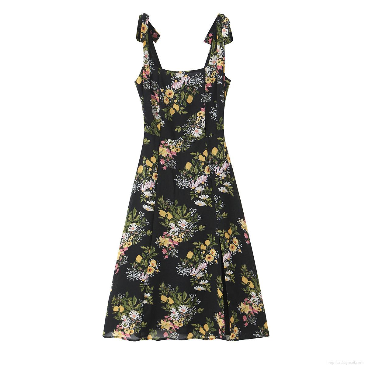 Women Sexy Floral Print Tie Shoulder Cami Dress Sleeveless Square Neck Smocked Waist Split Midi Dress For Summer Beach Vacation Party Women Sexy Floral Print Tie Shoulder Cami Dress Sleeveless Square Neck Smocked Waist Split Midi Dress For Summer Beach Vacation Party