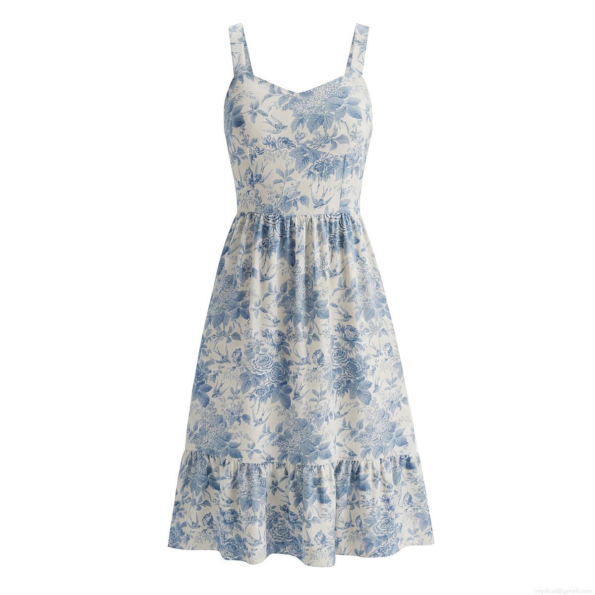 Women's French Retro Floral Swallow Print Suspender Dress 100% Polyester Sleeveless Smocked Back Ruffle Hem Midi Dress Summer Vacation Women's French Retro Floral Swallow Print Suspender Dress 100% Polyester Sleeveless Smocked Back Ruffle Hem Midi Dress Summer Vacation