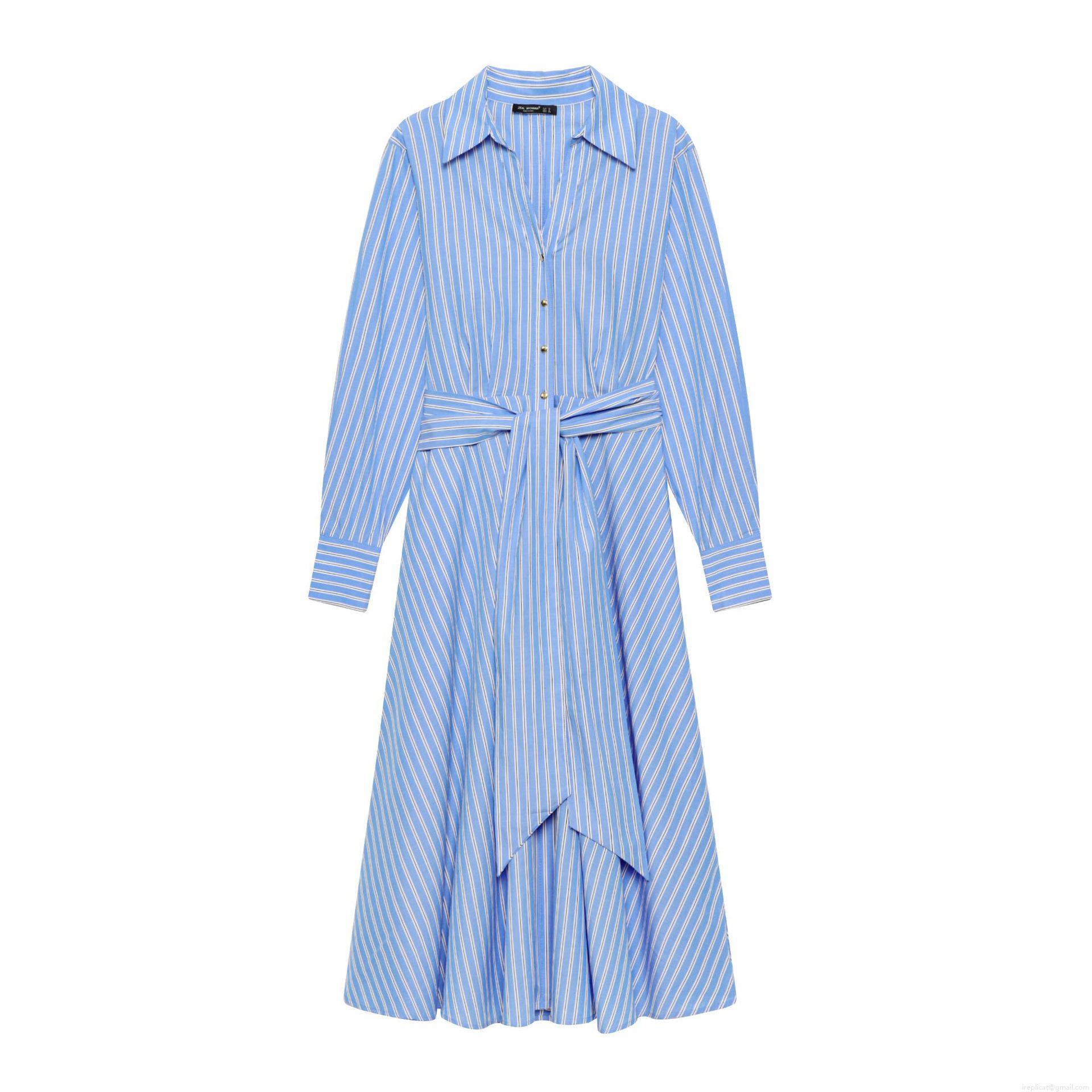 Women's Elegant Striped Shirt Dress Long Sleeve Midi Dress With Belt For Daily Office Fashion Blue White Vertical Stripe Button Up Robe Women's Elegant Striped Shirt Dress Long Sleeve Midi Dress With Belt For Daily Office Fashion Blue White Vertical Stripe Button Up Robe