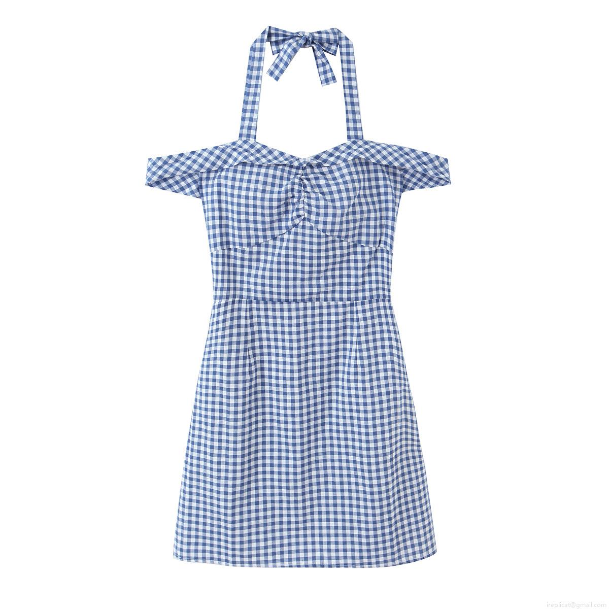 Sweet Blue White Gingham Halter Midi Dress 100% Cotton Bow Tie Off Shoulder Smocked Slim Fit Vacation Sun Dress For Women Sweet Blue White Gingham Halter Midi Dress 100% Cotton Bow Tie Off Shoulder Smocked Slim Fit Vacation Sun Dress For Women