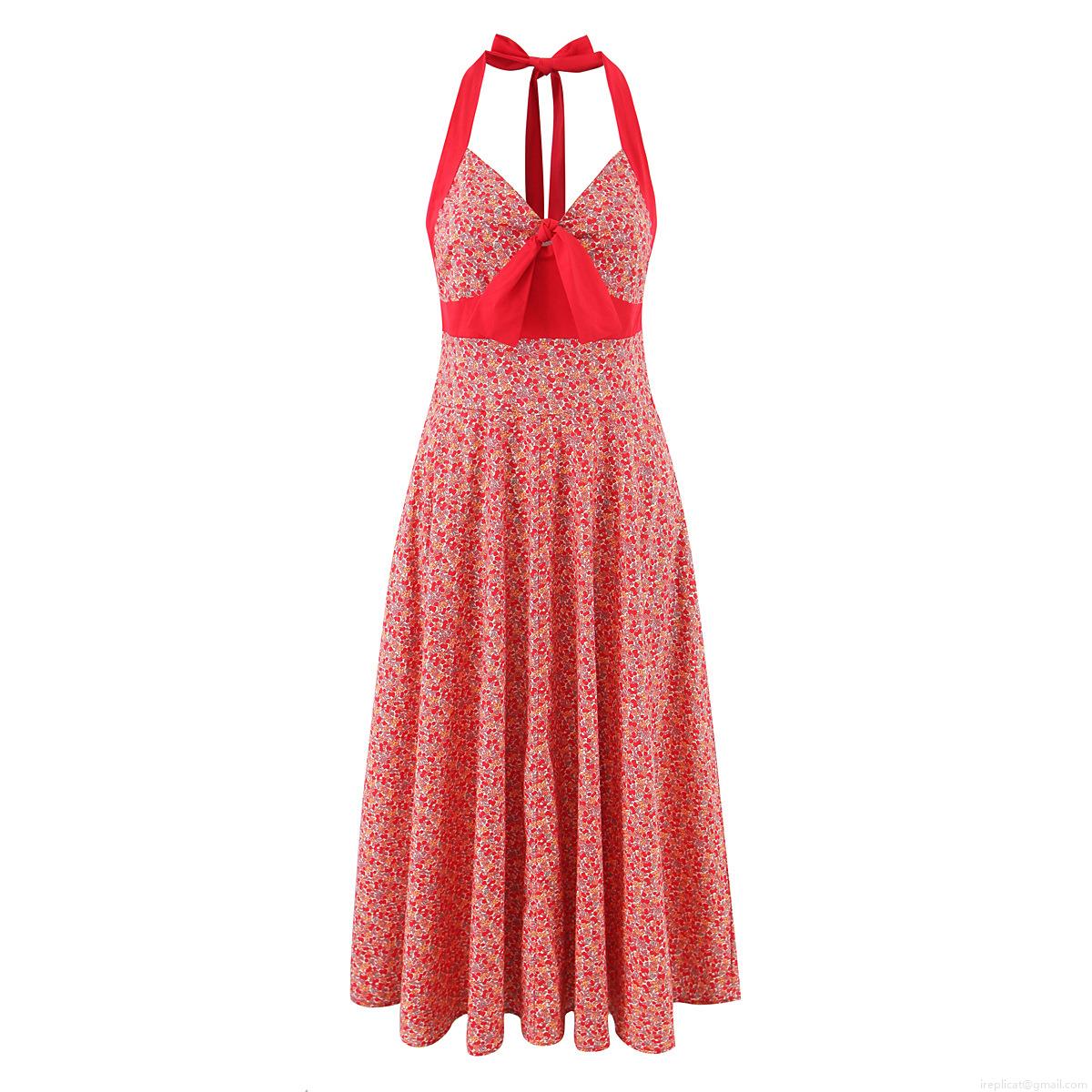 Women's French Retro Halter Backless Floral Dress 100% Cotton Sexy V-Neck Bow High Waist Midi A-Line Swing Dress For Vacation Summer Beach Party Women's French Retro Halter Backless Floral Dress 100% Cotton Sexy V-Neck Bow High Waist Midi A-Line Swing Dress For Vacation Summer Beach Party