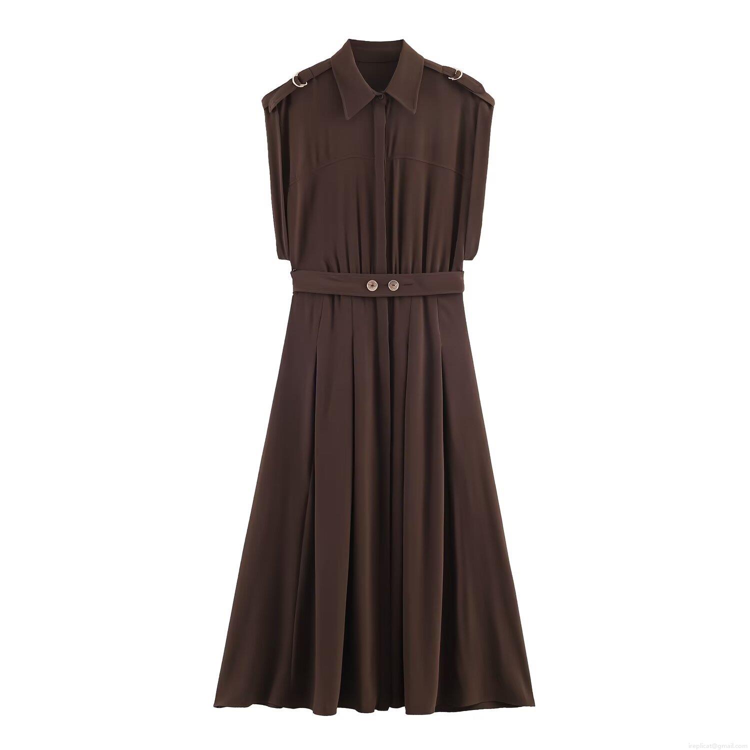 Women Safari Style Midi Dress With Belt Elastic Polyester Sleeveless Shirt Collar Button Down A-Line Workwear Dress For Daily Office Dark Brown Women Safari Style Midi Dress With Belt Elastic Polyester Sleeveless Shirt Collar Button Down A-Line Workwear Dress For Daily Office Dark Brown
