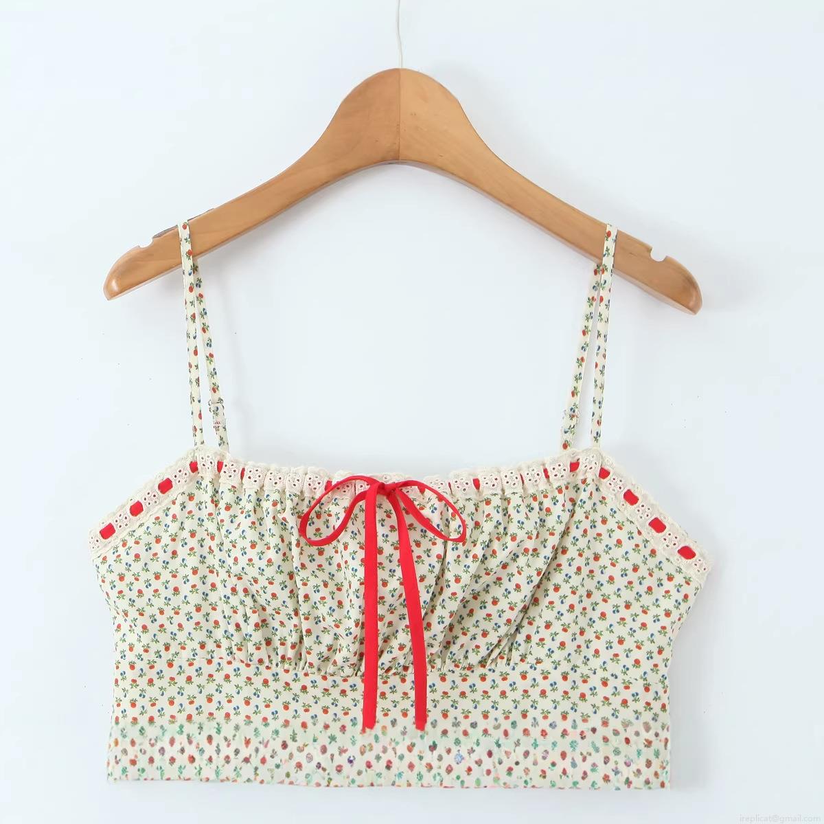 Fashion Floral Spaghetti Strap Dress Sexy Bow Decor Ruffle Hem Cottagecore Cotton Midi Dress for Women Summer Vacation Casual Sundress