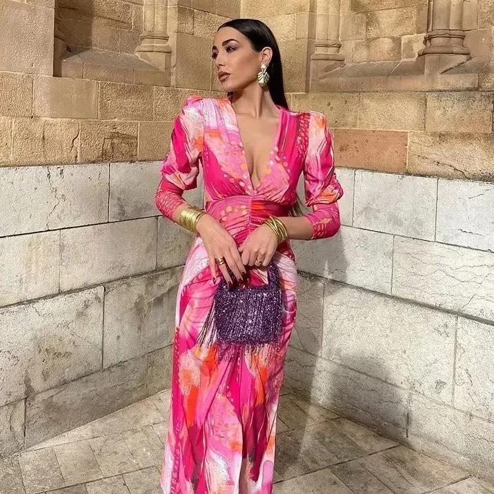 Women's Elegant V-Neck Ruched Printed Midi Dress Sexy Abstract Floral Long Sleeve Slim Fit Bodycon Dress For Party Club Wedding Guest Vacation Women's Elegant V-Neck Ruched Printed Midi Dress Sexy Abstract Floral Long Sleeve Slim Fit Bodycon Dress For Party Club Wedding Guest Vacation