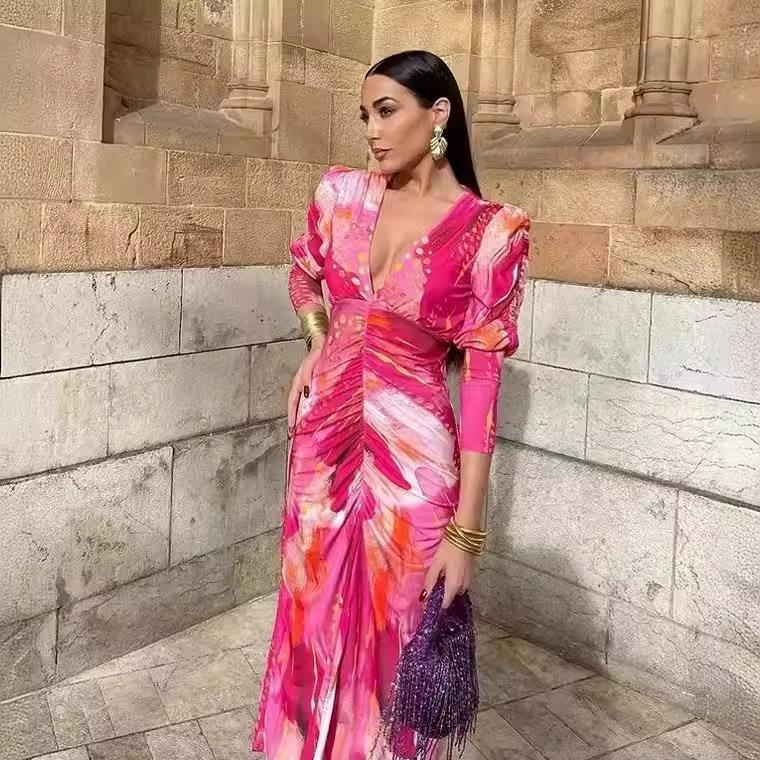 Women\'s Elegant V-Neck Ruched Printed Midi Dress Sexy Abstract Floral Long Sleeve Slim Fit Bodycon Dress For Party Club Wedding Guest Vacation