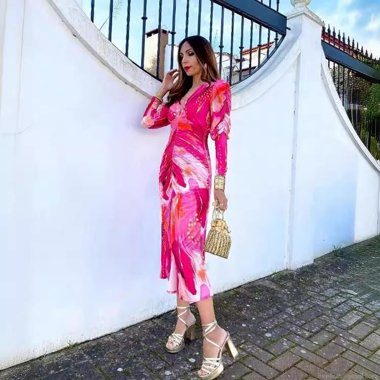 Women\'s Elegant V-Neck Ruched Printed Midi Dress Sexy Abstract Floral Long Sleeve Slim Fit Bodycon Dress For Party Club Wedding Guest Vacation