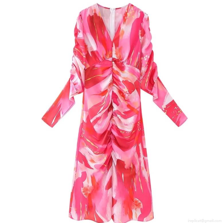 Women\'s Elegant V-Neck Ruched Printed Midi Dress Sexy Abstract Floral Long Sleeve Slim Fit Bodycon Dress For Party Club Wedding Guest Vacation
