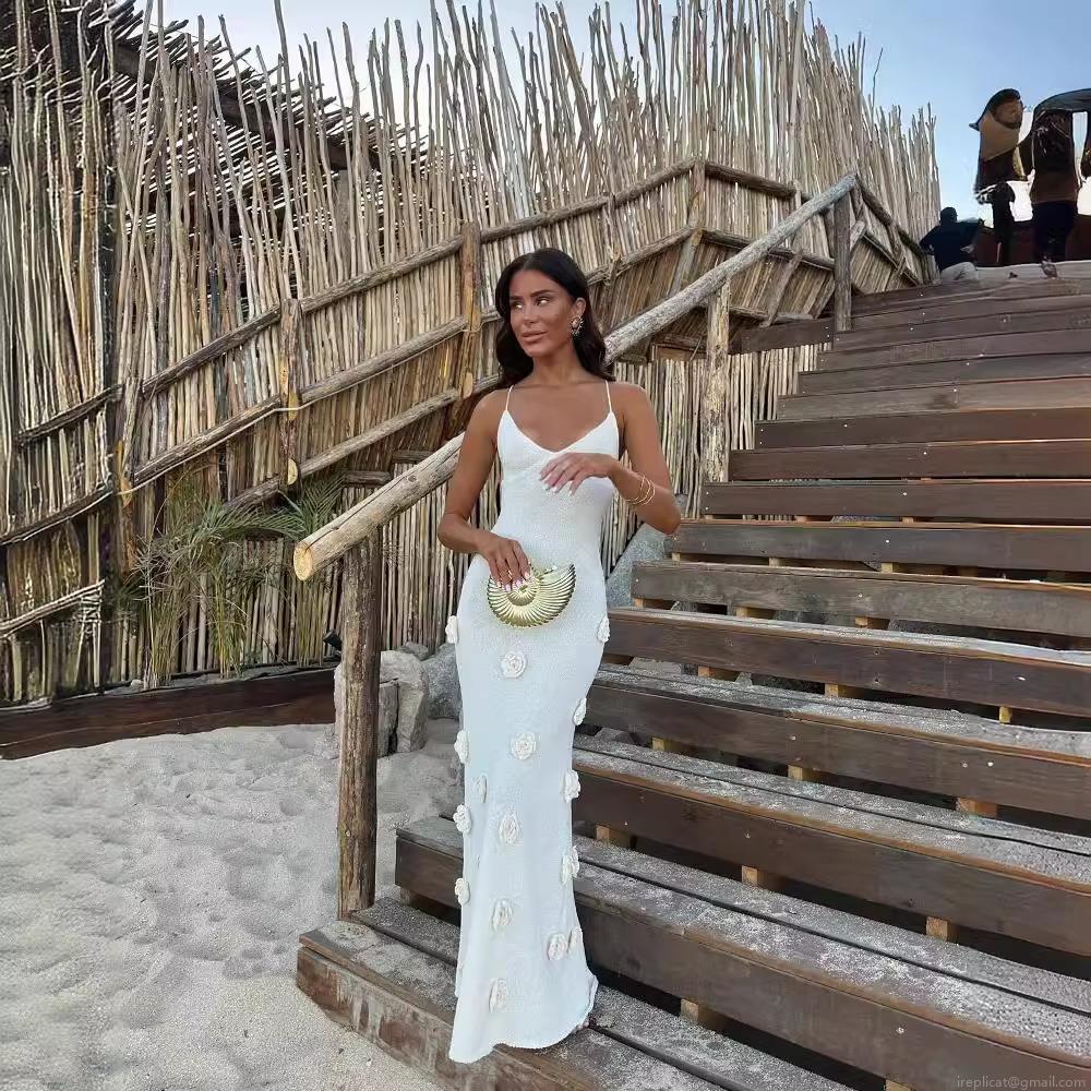 Women's Elegant 3D Floral Embroidery Knit Midi Dress Sexy Spaghetti Strap Backless Bodycon Long Dress For Beach Vacation Party Women's Elegant 3D Floral Embroidery Knit Midi Dress Sexy Spaghetti Strap Backless Bodycon Long Dress For Beach Vacation Party