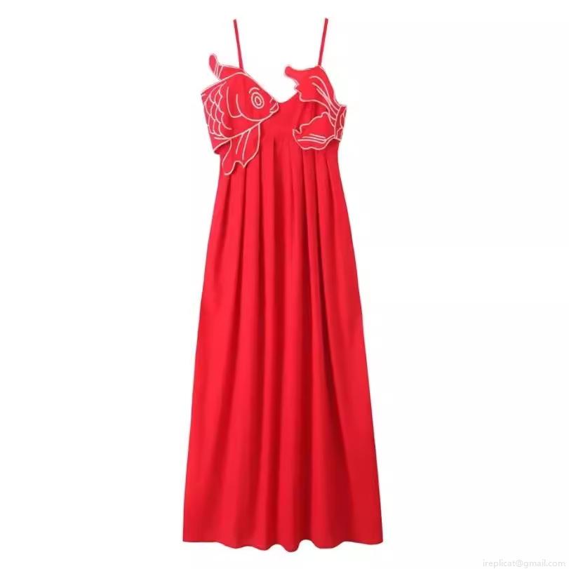 Sexy Red Fish Embroidery Camisole Midi Dress Women Elegant Ruched Slim Fit Bodycon Sheath Dress For Party Clubwear Vacation Summer Apparel Sexy Red Fish Embroidery Camisole Midi Dress Women Elegant Ruched Slim Fit Bodycon Sheath Dress For Party Clubwear Vacation Summer Apparel