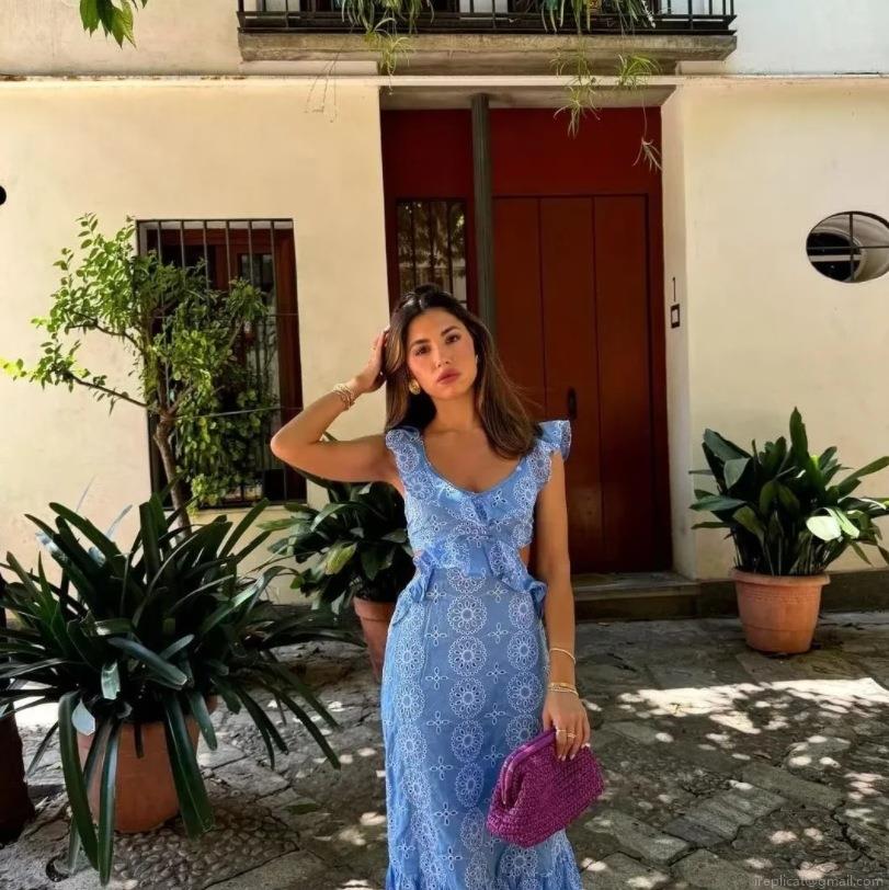 Women's Blue Eyelet Embroidery Midi Dress Ruffle Sleeve Layered Hollow Out Sexy Vacation A-Line Dress In Polyester Cotton Blend Women's Blue Eyelet Embroidery Midi Dress Ruffle Sleeve Layered Hollow Out Sexy Vacation A-Line Dress In Polyester Cotton Blend