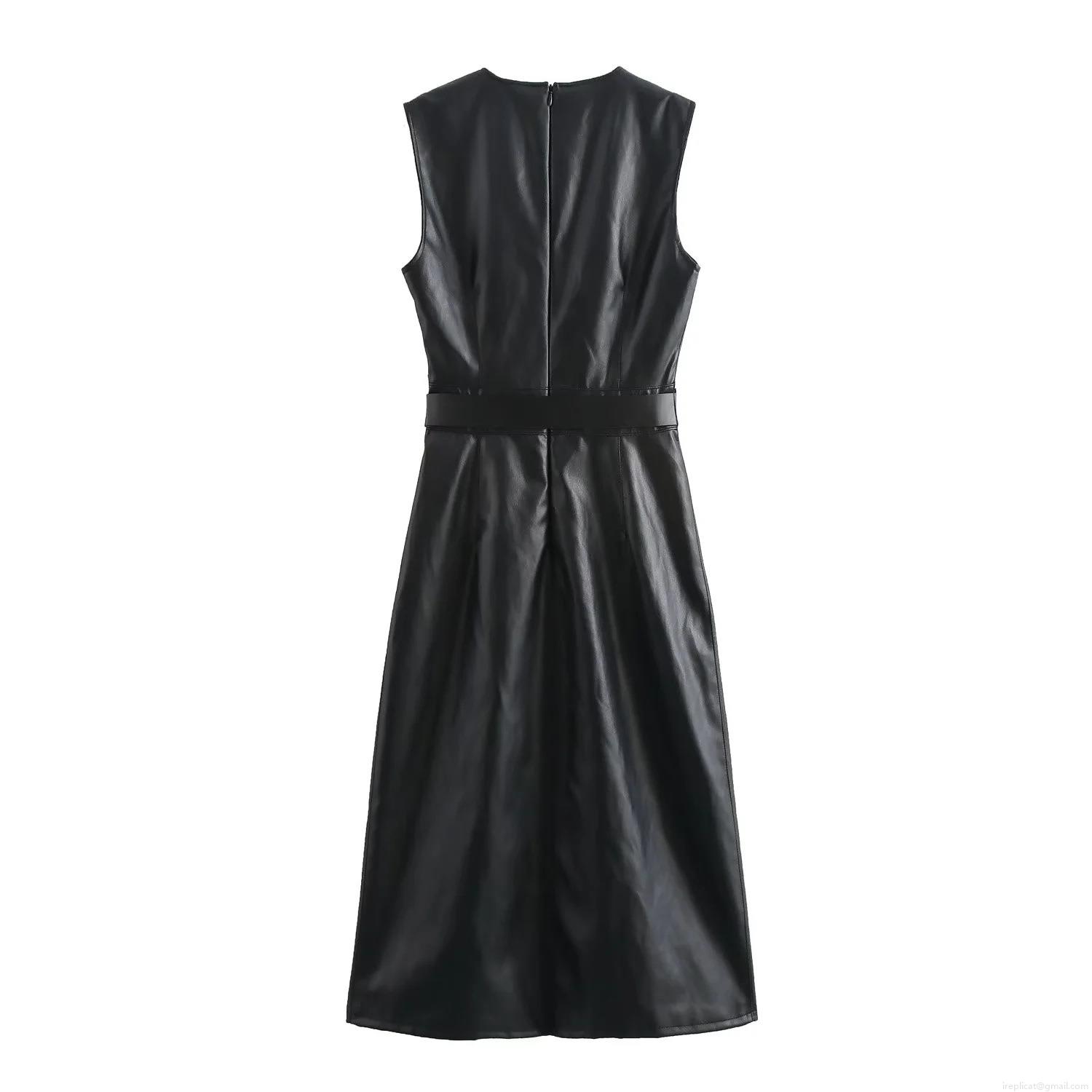 Women's Faux Leather Sleeveless Round Neck Midi Dress With Belt Elegant Black PU Leather Solid Color Back Zipper Slim Fit A-Line Street Party Dress Women's Faux Leather Sleeveless Round Neck Midi Dress With Belt Elegant Black PU Leather Solid Color Back Zipper Slim Fit A-Line Street Party Dress