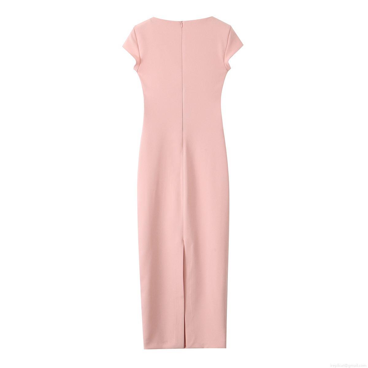 Women Elegant Square Neck Midi Dress With Belt Short Sleeve Back Slit Polyester Pink Bodycon Dress For Party Evening Dating Women Elegant Square Neck Midi Dress With Belt Short Sleeve Back Slit Polyester Pink Bodycon Dress For Party Evening Dating