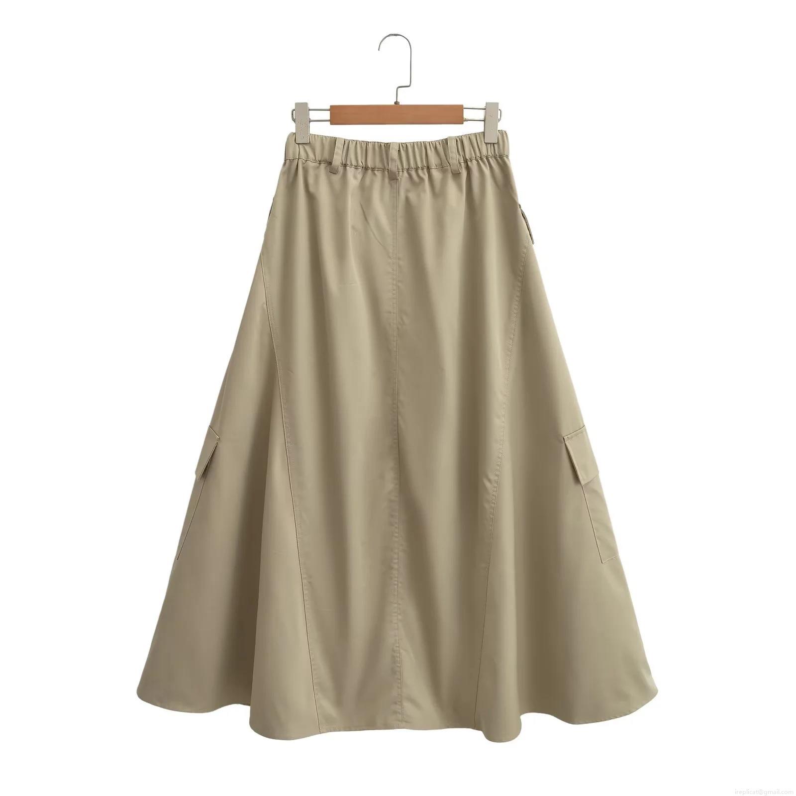 Women\'s High Waist Cargo Midi Skirt Khaki A-Line Workwear Skirt With Large Flap Pockets And Metal Buckles Elegant Commute Streetwear Skirt
