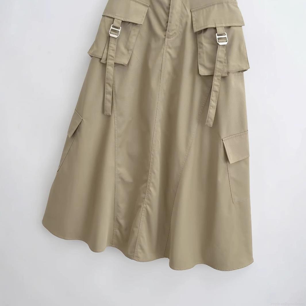 Women\'s High Waist Cargo Midi Skirt Khaki A-Line Workwear Skirt With Large Flap Pockets And Metal Buckles Elegant Commute Streetwear Skirt