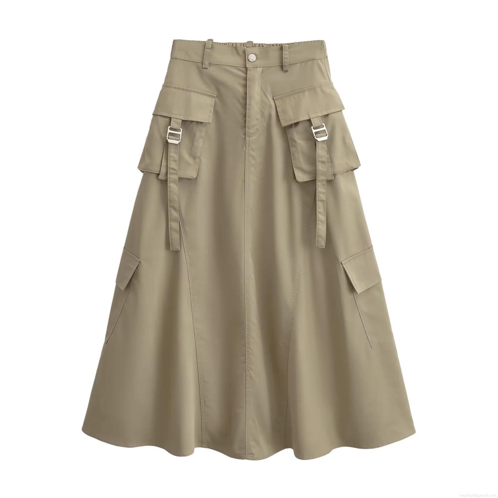 Women\'s High Waist Cargo Midi Skirt Khaki A-Line Workwear Skirt With Large Flap Pockets And Metal Buckles Elegant Commute Streetwear Skirt