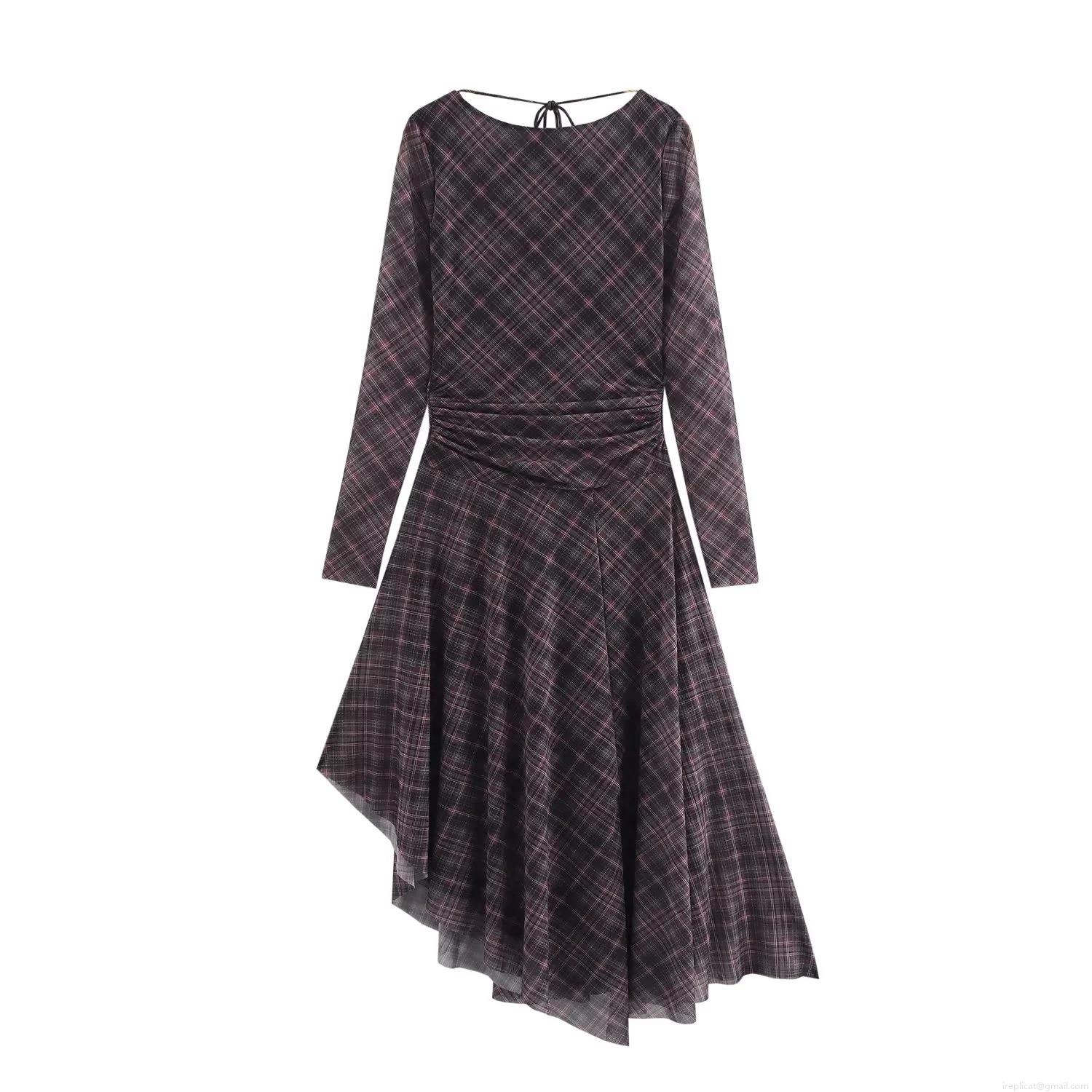 Women's Elegant Plaid Mesh Midi Dress Long Sleeve Ruched Irregular Hem Back Tie Evening Party Bodycon Dress Women's Elegant Plaid Mesh Midi Dress Long Sleeve Ruched Irregular Hem Back Tie Evening Party Bodycon Dress