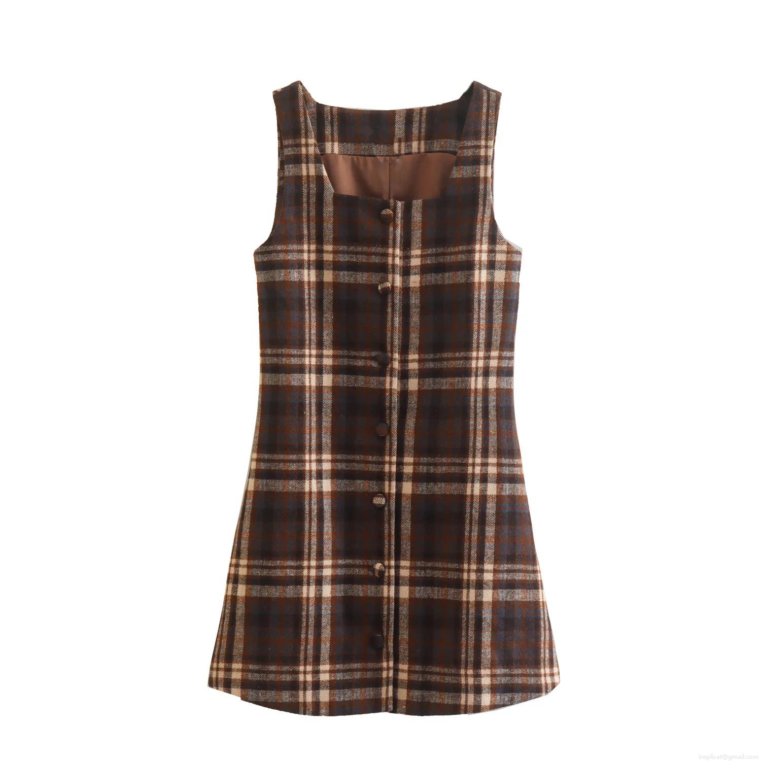 Retro Plaid Sleeveless Midi Dress Square Neck Single Breasted Back Tie Woolen Tweed Dress For Women Spring Autumn Elegant Silhouette A-Line Dress Retro Plaid Sleeveless Midi Dress Square Neck Single Breasted Back Tie Woolen Tweed Dress For Women Spring Autumn Elegant Silhouette A-Line Dress