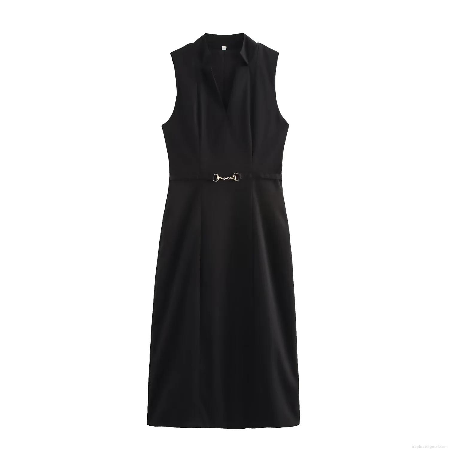 Elegant Sleeveless V-Neck Midi Dress Polyester Blend Metal Horsebit Buckle Waist Decoration Slim Fit For Party Evening Banquet Date Commute Fashionable Lady Style Women's Clothing Elegant Sleeveless V-Neck Midi Dress Polyester Blend Metal Horsebit Buckle Waist Decoration Slim Fit For Party Evening Banquet Date Commute Fashionable Lady Style Women's Clothing