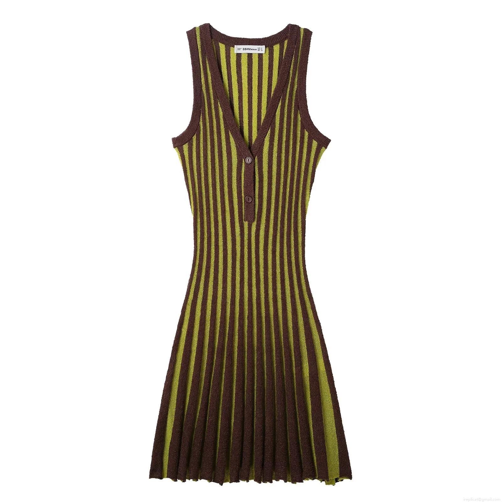 Women's Elegant Vertical Striped Sleeveless Knit Midi Dress V Neck Button Front Slim Fit Bodycon Ribbed Knit Retro Cocktail Party Dress Women's Elegant Vertical Striped Sleeveless Knit Midi Dress V Neck Button Front Slim Fit Bodycon Ribbed Knit Retro Cocktail Party Dress