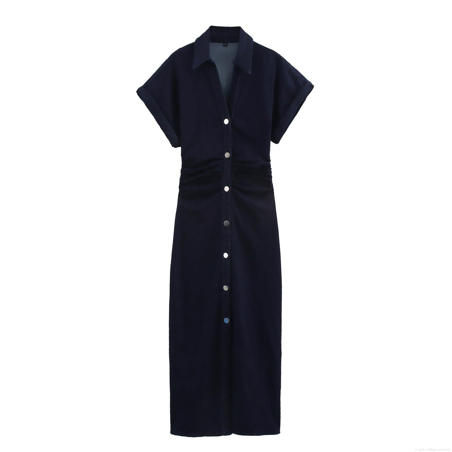 Women's Midi Dress 85% Cotton Denim Short Sleeve Shirt Collar Pleated Button Up Elegant Deep Blue Casual Summer Dress For Women Ladies Women's Midi Dress 85% Cotton Denim Short Sleeve Shirt Collar Pleated Button Up Elegant Deep Blue Casual Summer Dress For Women Ladies