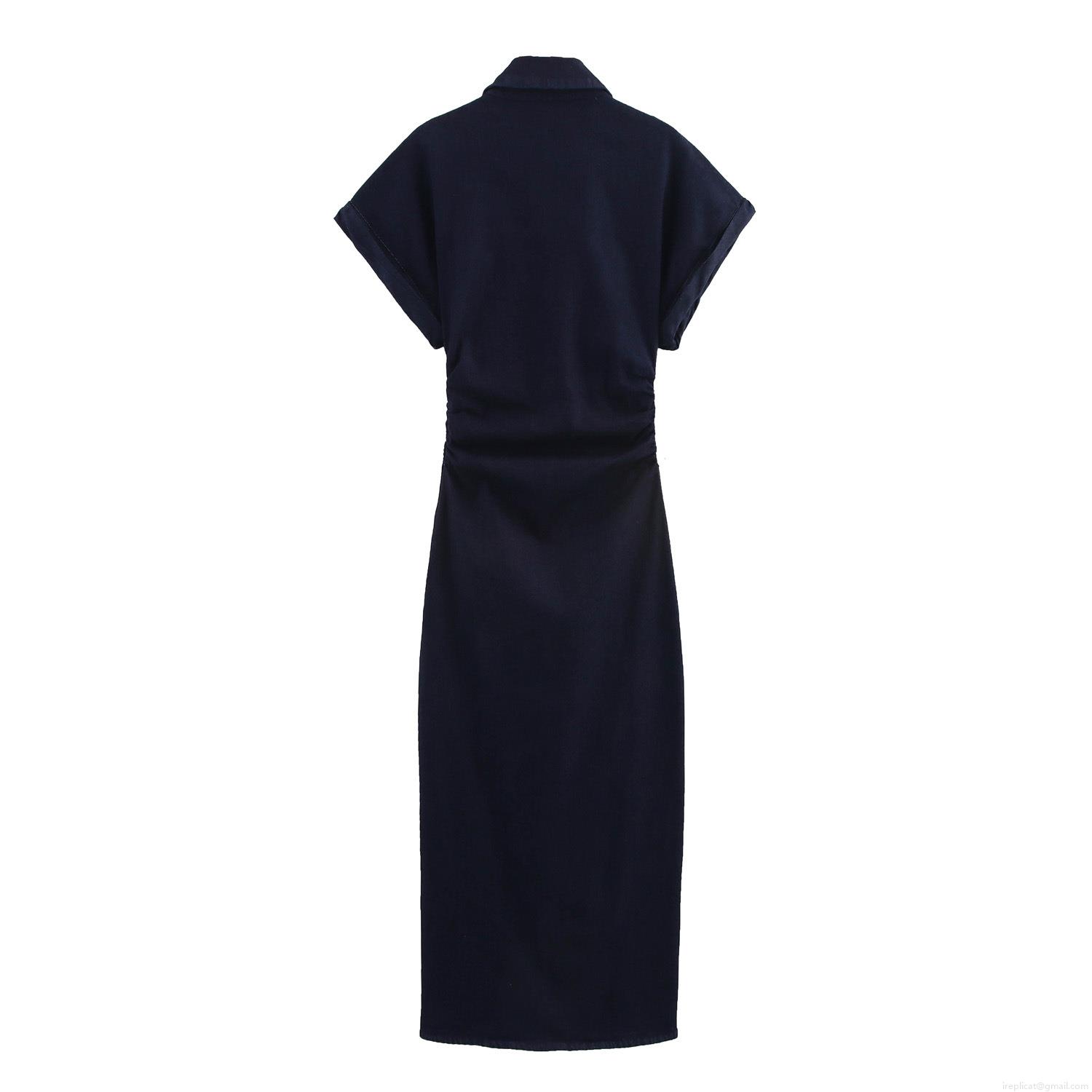 Women\'s Midi Dress 85% Cotton Denim Short Sleeve Shirt Collar Pleated Button Up Elegant Deep Blue Casual Summer Dress For Women Ladies