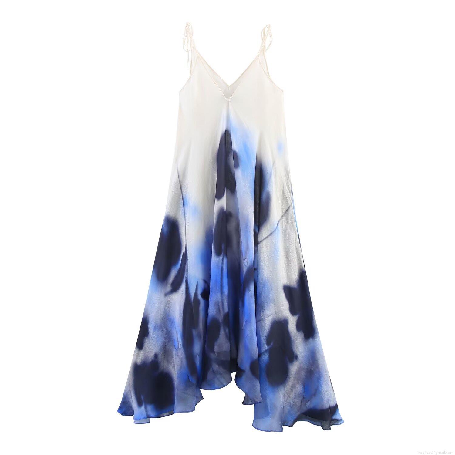 Women's Elegant V-Neck Satin Slip Dress Blue White Ink Wash Print Gradient Midi Dress Sexy Backless Evening Party Vacation Dress For Women Women's Elegant V-Neck Satin Slip Dress Blue White Ink Wash Print Gradient Midi Dress Sexy Backless Evening Party Vacation Dress For Women