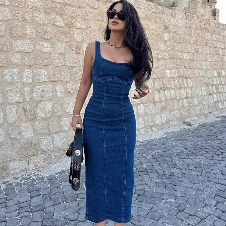 Women's Sexy Square Neck Denim Bodycon Dress Sleeveless Back Zipper Split Midi Jeans Dress For Streetwear Party Elegant Slim Fit Sling Long Dress Blue Women's Sexy Square Neck Denim Bodycon Dress Sleeveless Back Zipper Split Midi Jeans Dress For Streetwear Party Elegant Slim Fit Sling Long Dress Blue