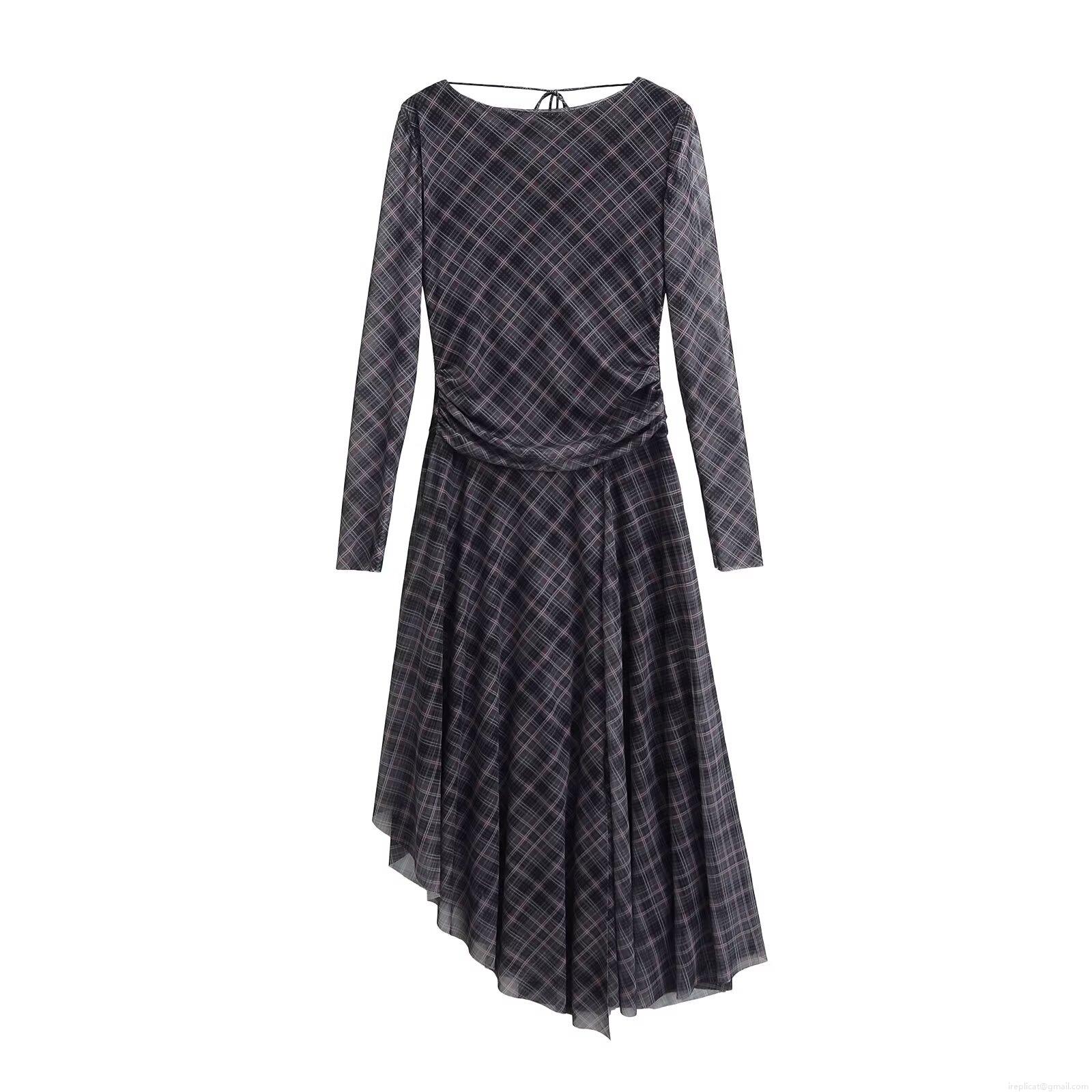 Elegant Women Plaid Long Sleeve Midi Dress Backless Lace Up Design Mesh Irregular Hem Ruched Pleated Dress For Party Evening Clubwear Sexy Socialite Style Elegant Women Plaid Long Sleeve Midi Dress Backless Lace Up Design Mesh Irregular Hem Ruched Pleated Dress For Party Evening Clubwear Sexy Socialite Style