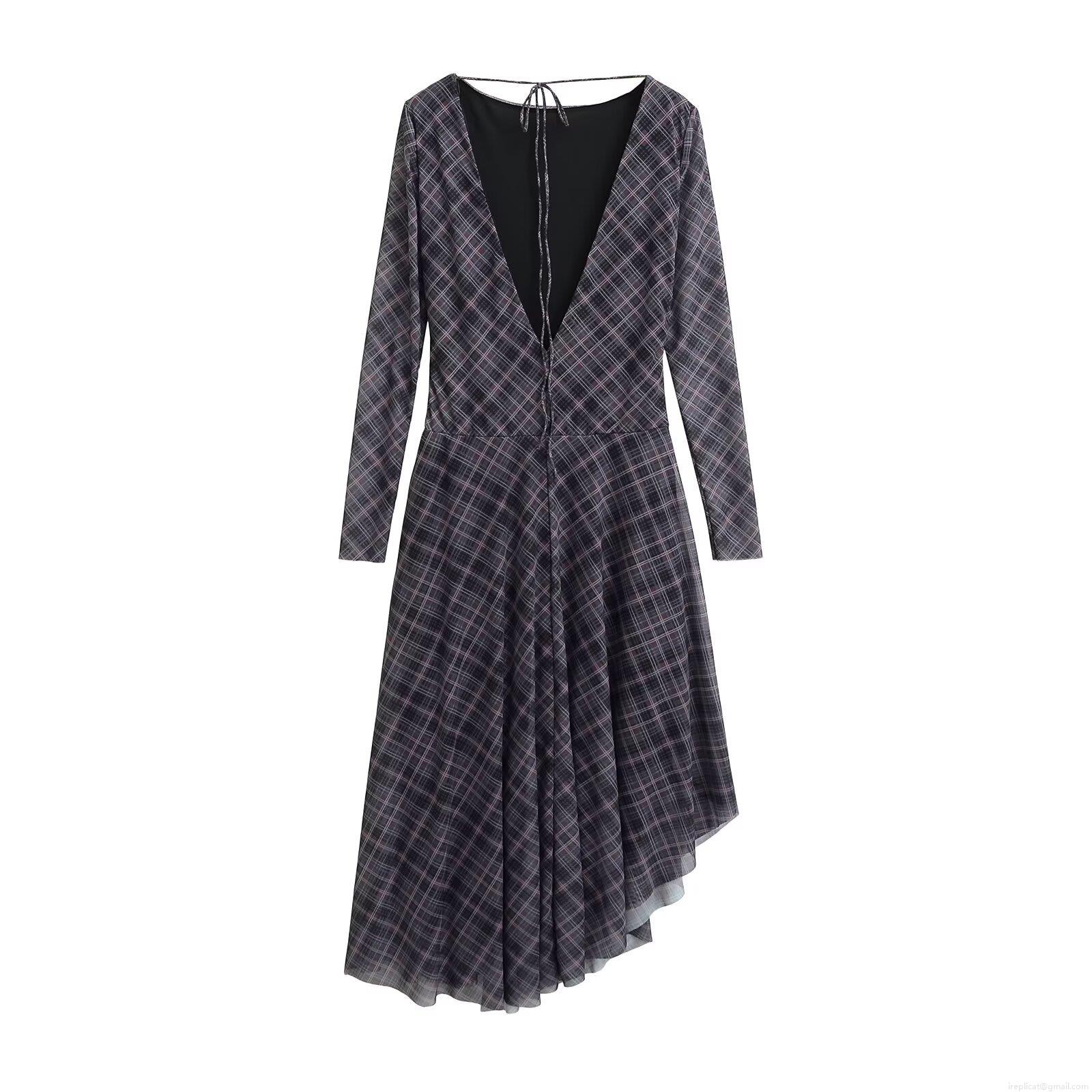Elegant Women Plaid Long Sleeve Midi Dress Backless Lace Up Design Mesh Irregular Hem Ruched Pleated Dress For Party Evening Clubwear Sexy Socialite Style