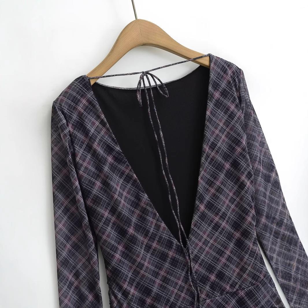 Elegant Women Plaid Long Sleeve Midi Dress Backless Lace Up Design Mesh Irregular Hem Ruched Pleated Dress For Party Evening Clubwear Sexy Socialite Style