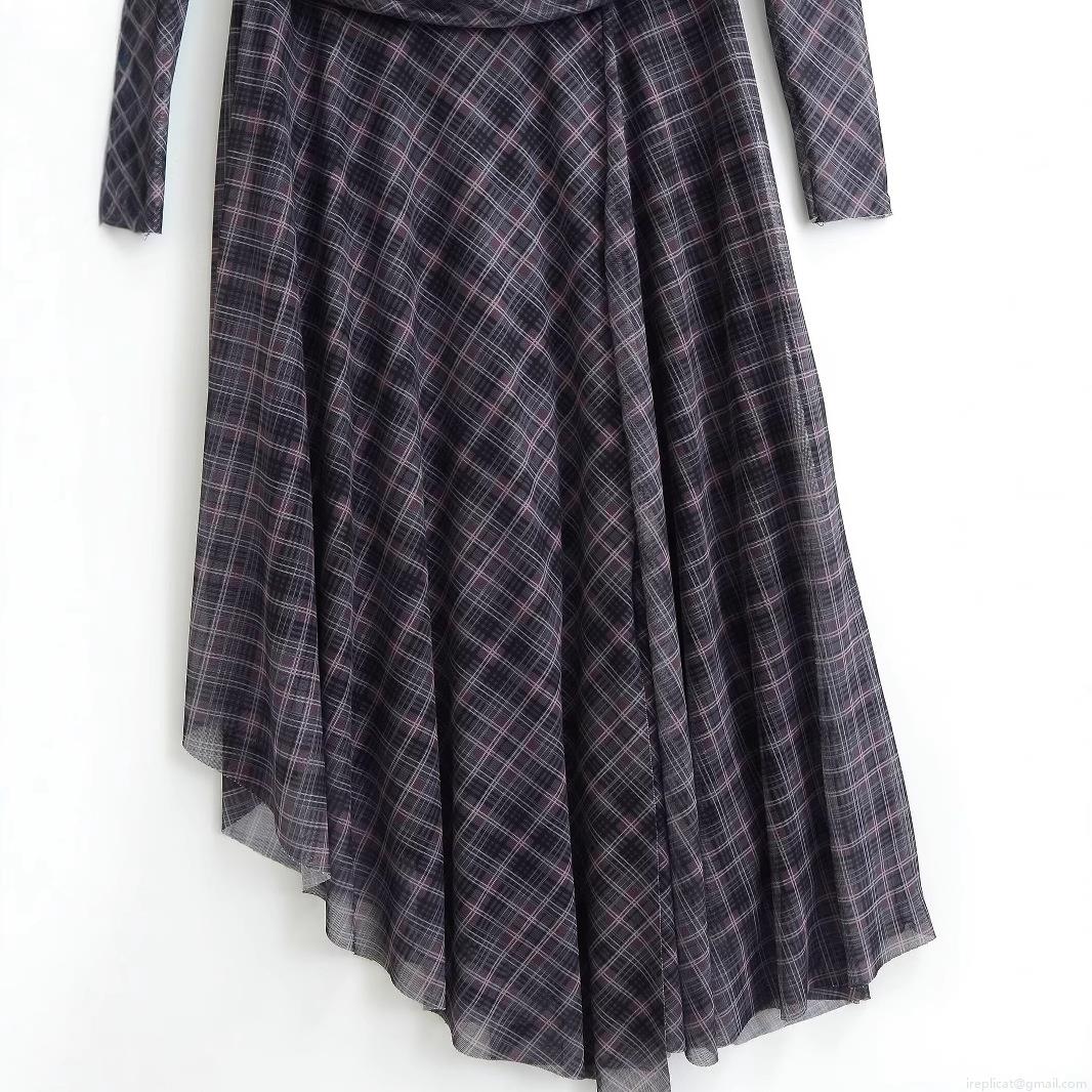 Elegant Women Plaid Long Sleeve Midi Dress Backless Lace Up Design Mesh Irregular Hem Ruched Pleated Dress For Party Evening Clubwear Sexy Socialite Style
