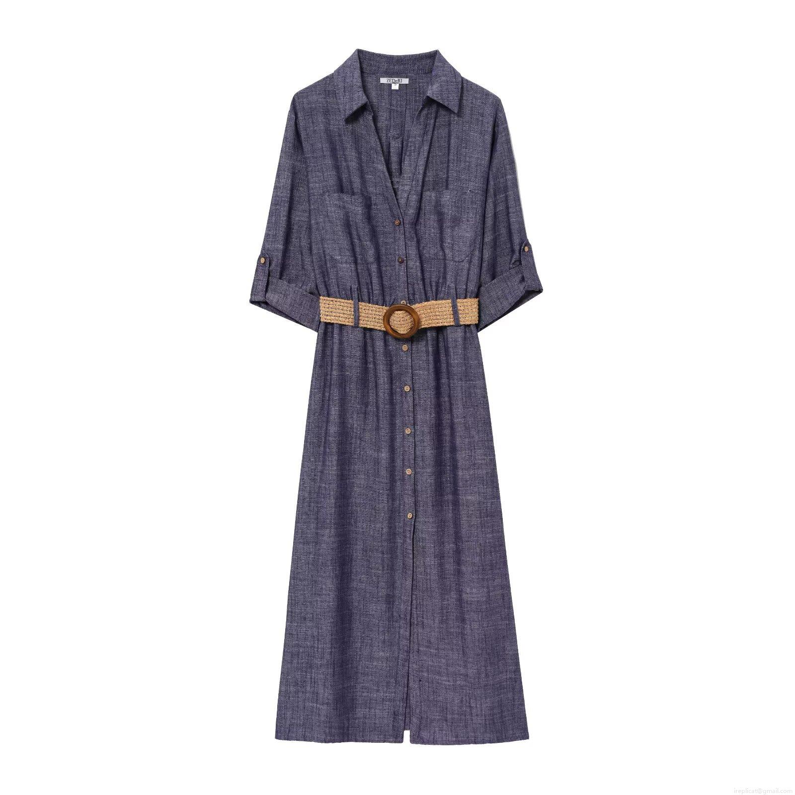 Women's Elegant Cotton Linen Blend Midi Dress V-Neck Lapel Button Down Shirt Dress With Straw Braid Belt Casual Solid Color Short Sleeve Dress Women's Elegant Cotton Linen Blend Midi Dress V-Neck Lapel Button Down Shirt Dress With Straw Braid Belt Casual Solid Color Short Sleeve Dress