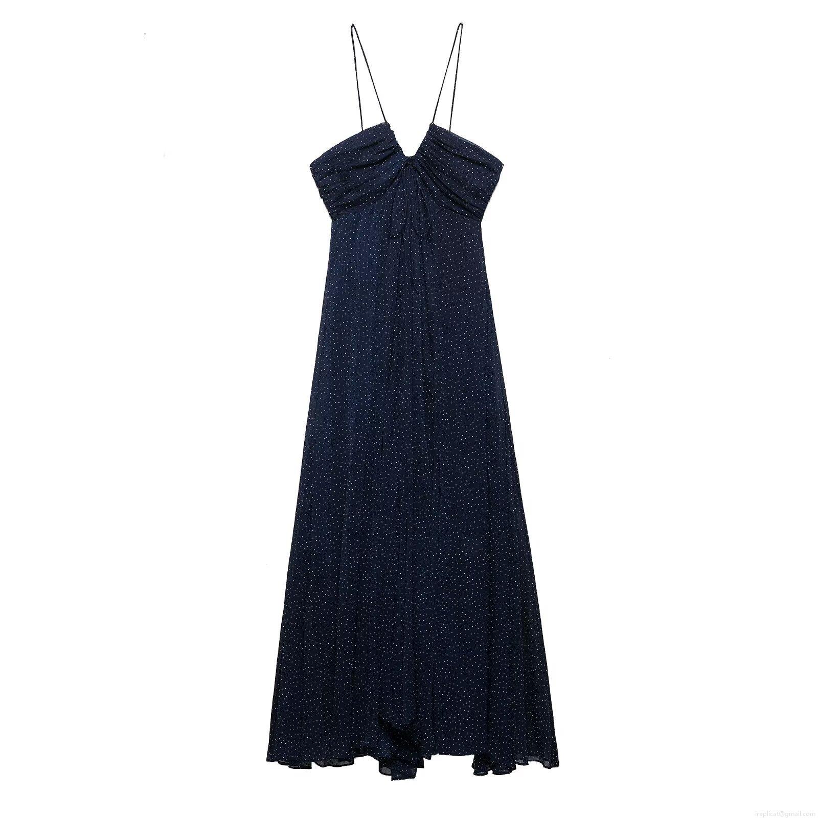 Women's Elegant Polka Dot Spaghetti Strap Maxi Dress Ruched V Neck Polyester Chiffon Long Sundress for Summer Party Vacation Socialite Style