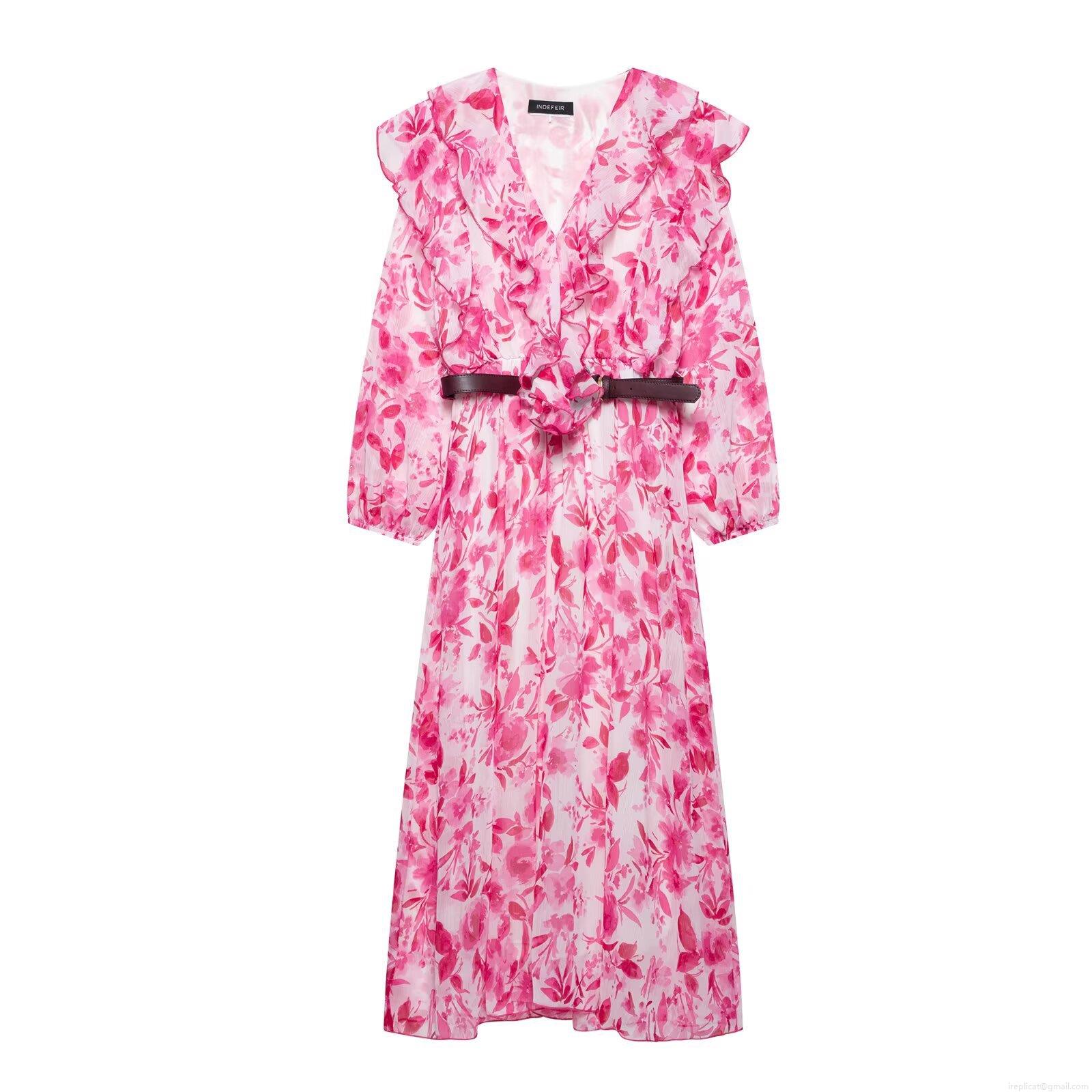 Women's Elegant Floral Print Midi Dress V-Neck Long Sleeve Chiffon Polyester Dress With Brown Leather Belt Ruffle Trim Party Casual Clothing Women's Elegant Floral Print Midi Dress V-Neck Long Sleeve Chiffon Polyester Dress With Brown Leather Belt Ruffle Trim Party Casual Clothing